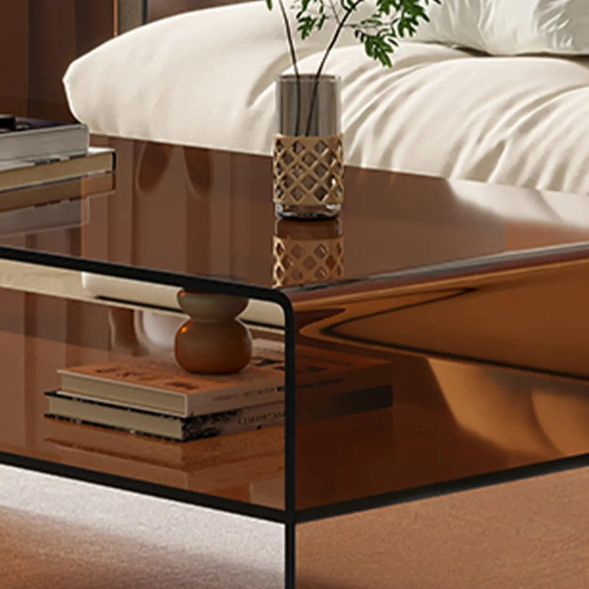 Brown Glass Rectangular Sled Coffee Table with Shelf Image - 9