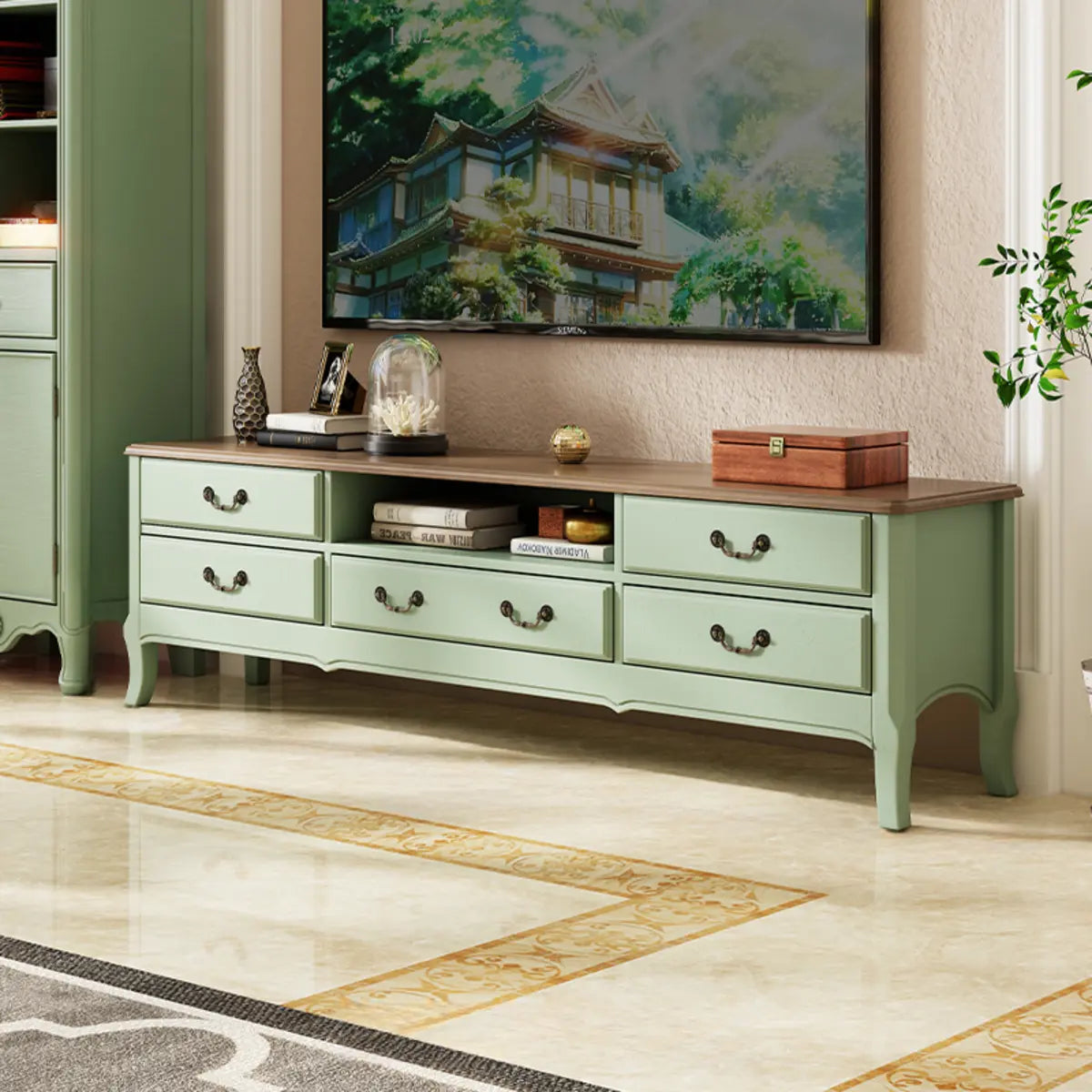 Brown-Green Wood Open Storage Drawers Long TV Stand Image - 2