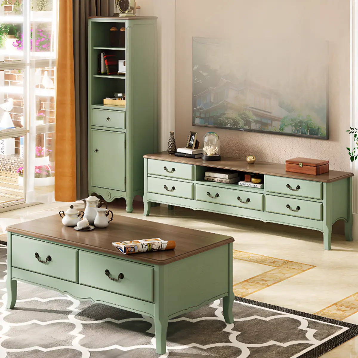 Brown-Green Wood Open Storage Drawers Long TV Stand Image - 3