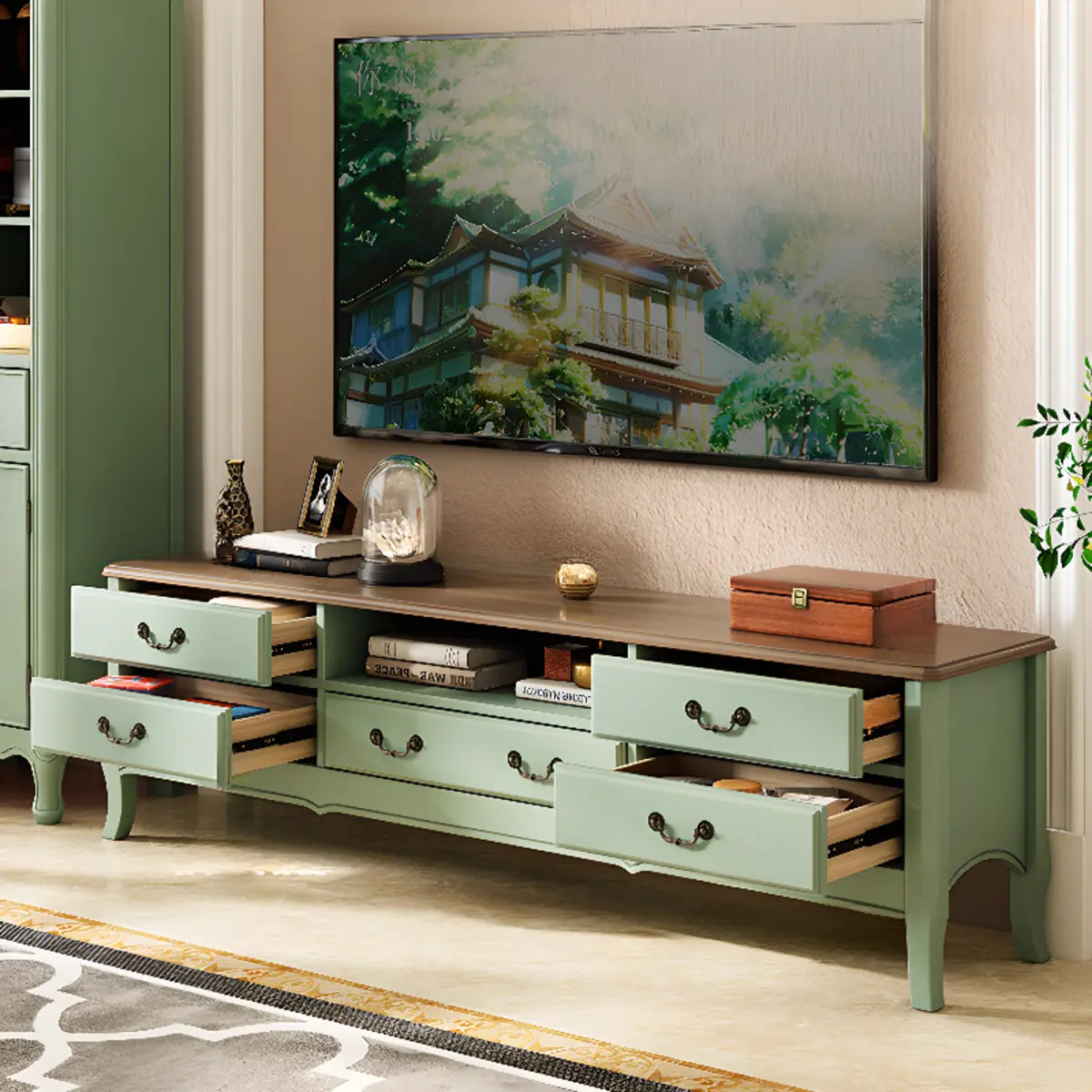 Brown-Green Wood Open Storage Drawers Long TV Stand Image - 4