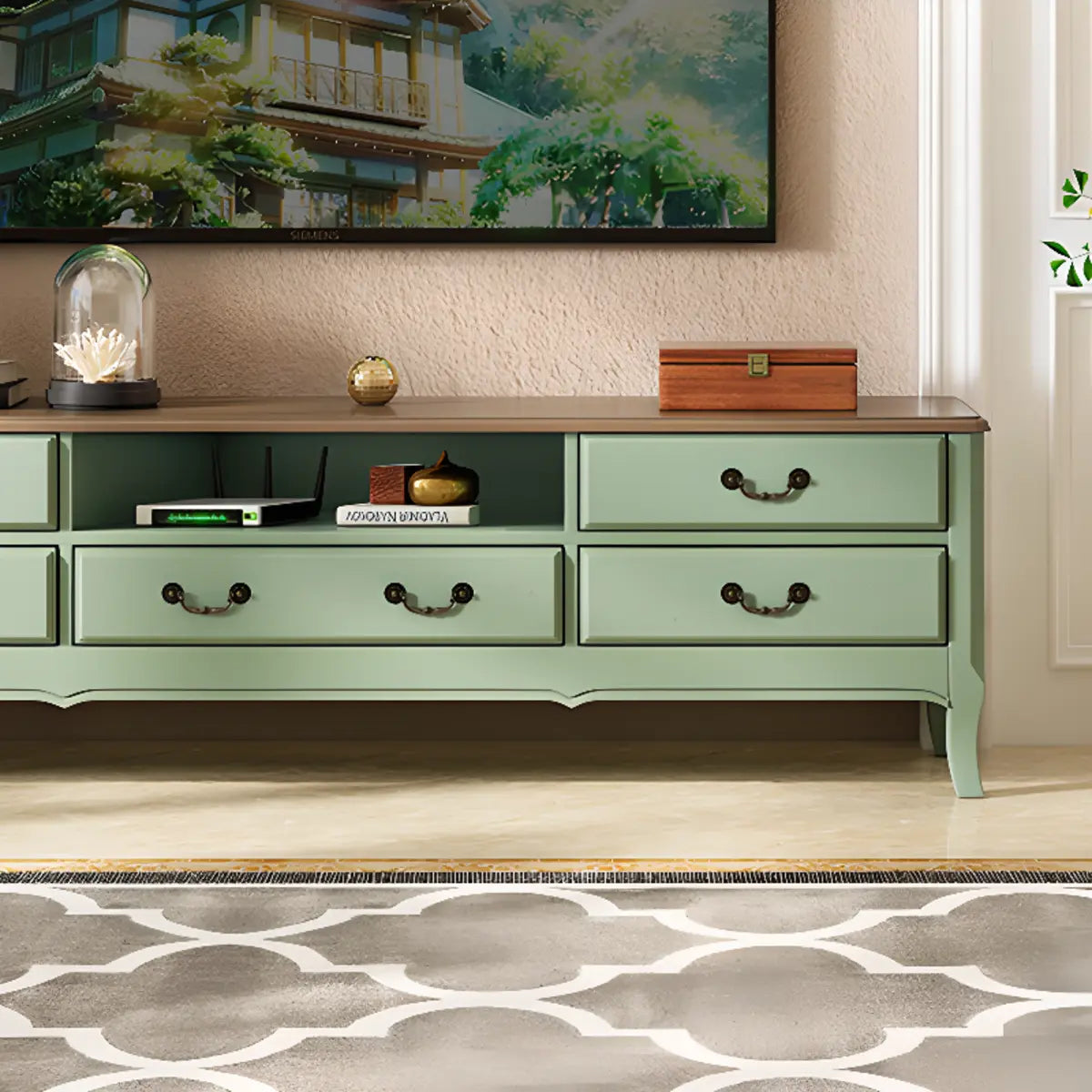 Brown-Green Wood Open Storage Drawers Long TV Stand Image - 5