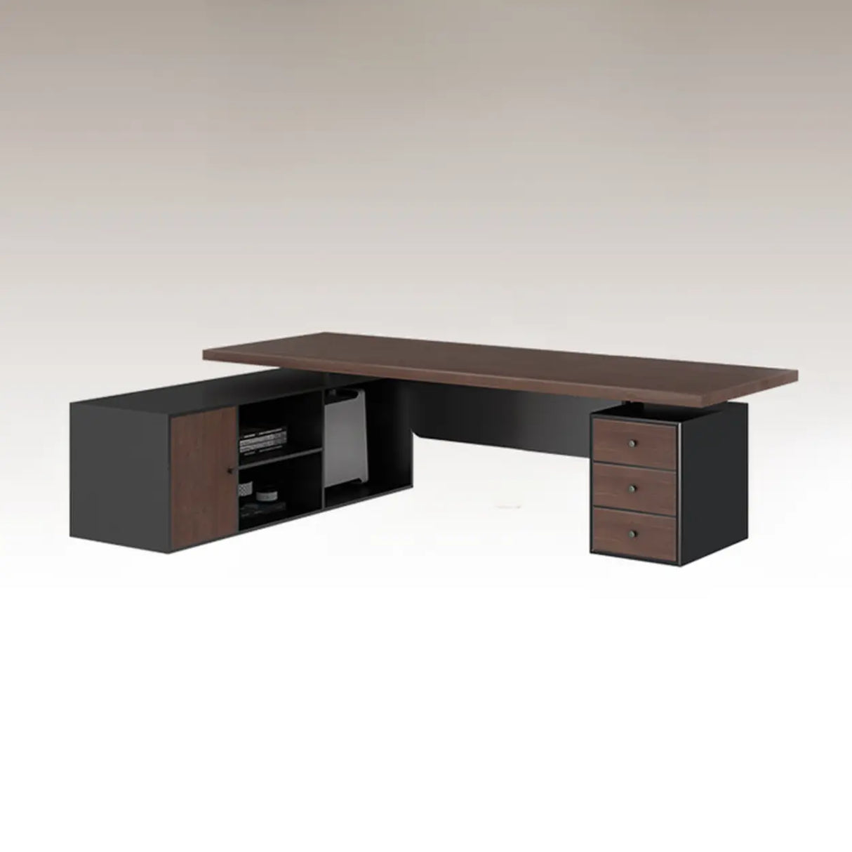 Brown L-Shaped Long Wooden Computer Desk with Storage Image - 10