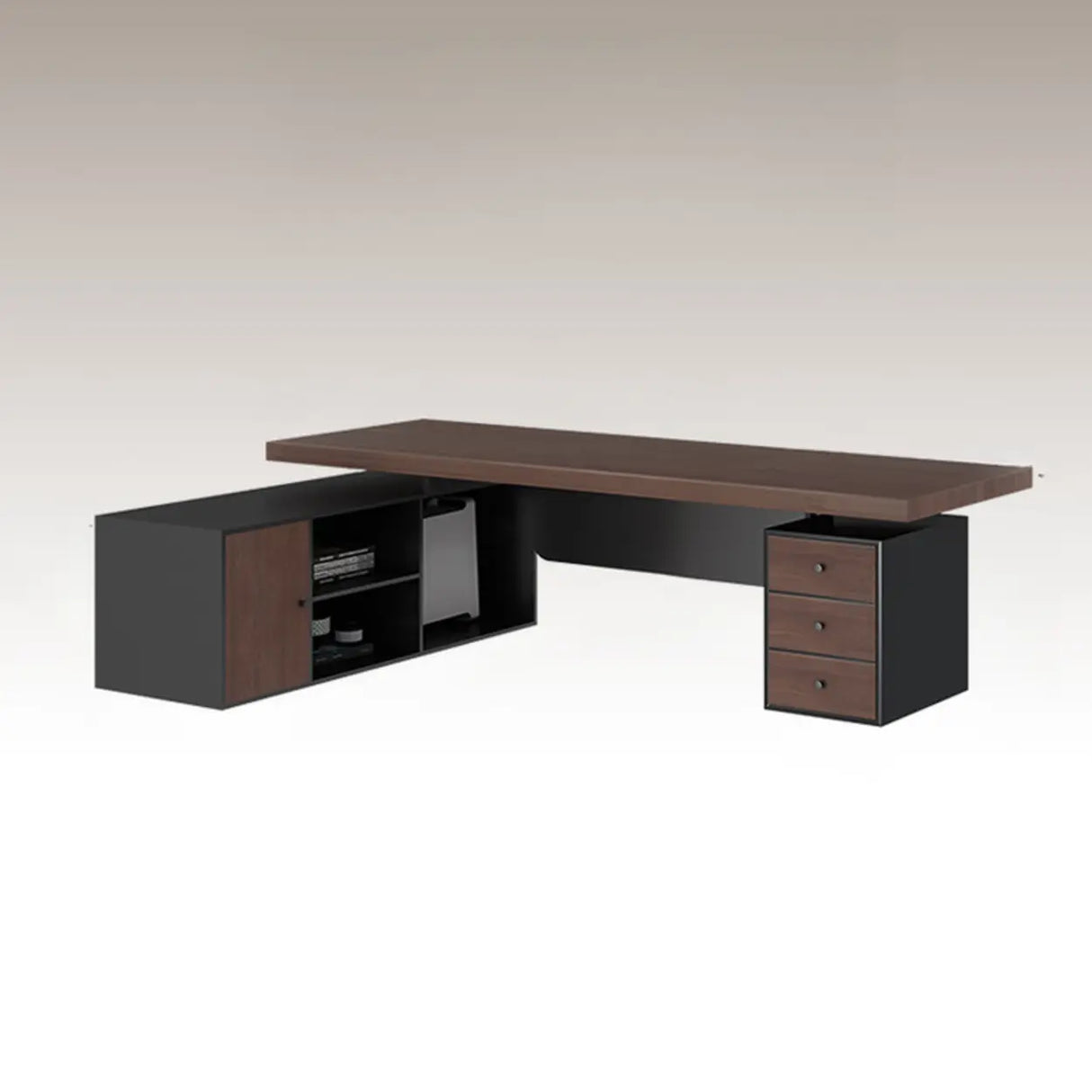 Brown L-Shaped Long Wooden Computer Desk with Storage Image - 11