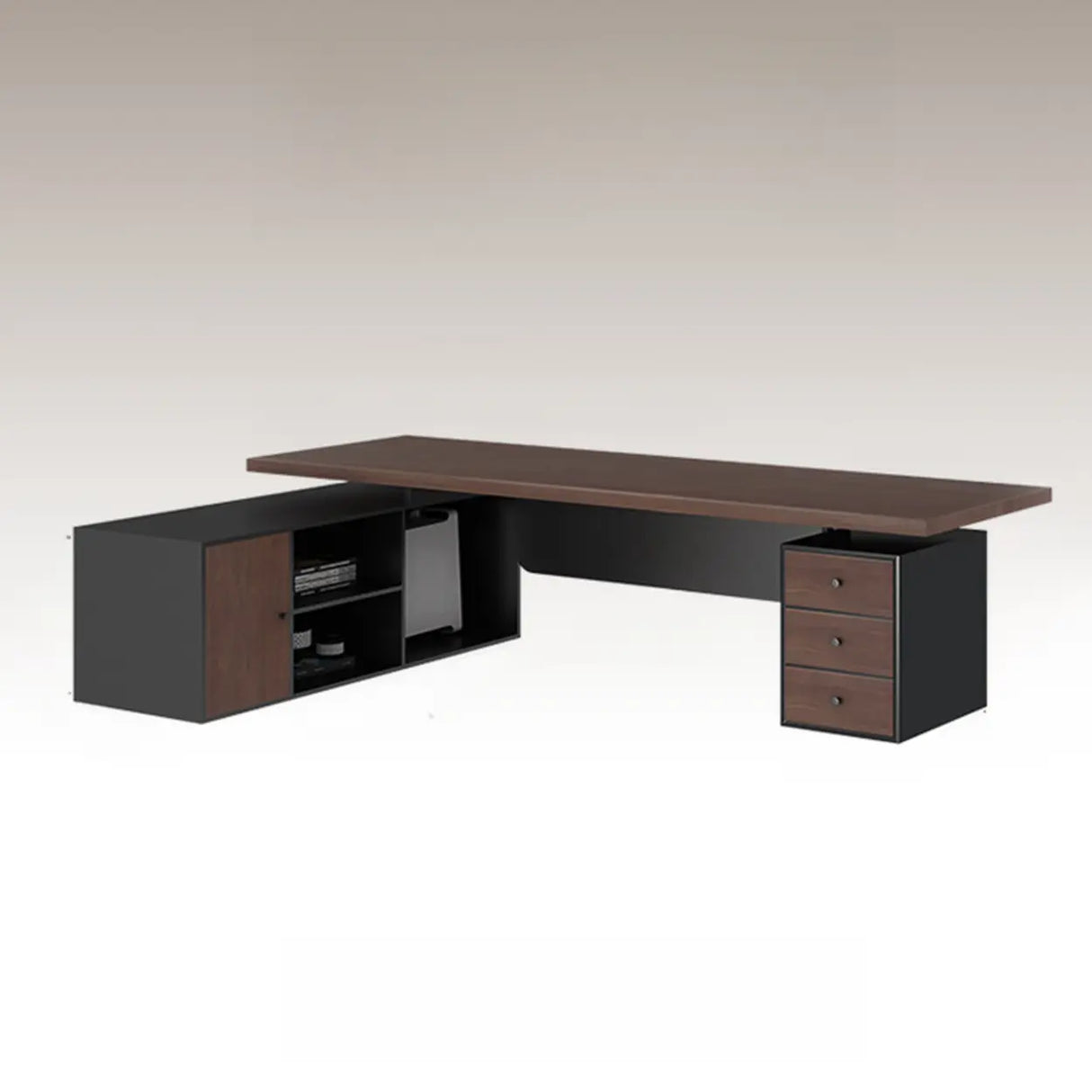 Brown L-Shaped Long Wooden Computer Desk with Storage Image - 12