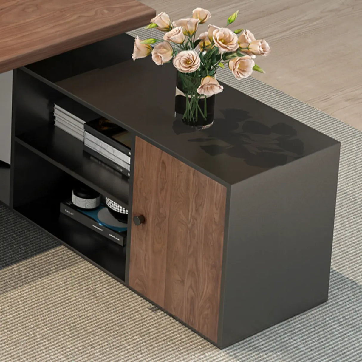 Brown L-Shaped Long Wooden Computer Desk with Storage Image - 14