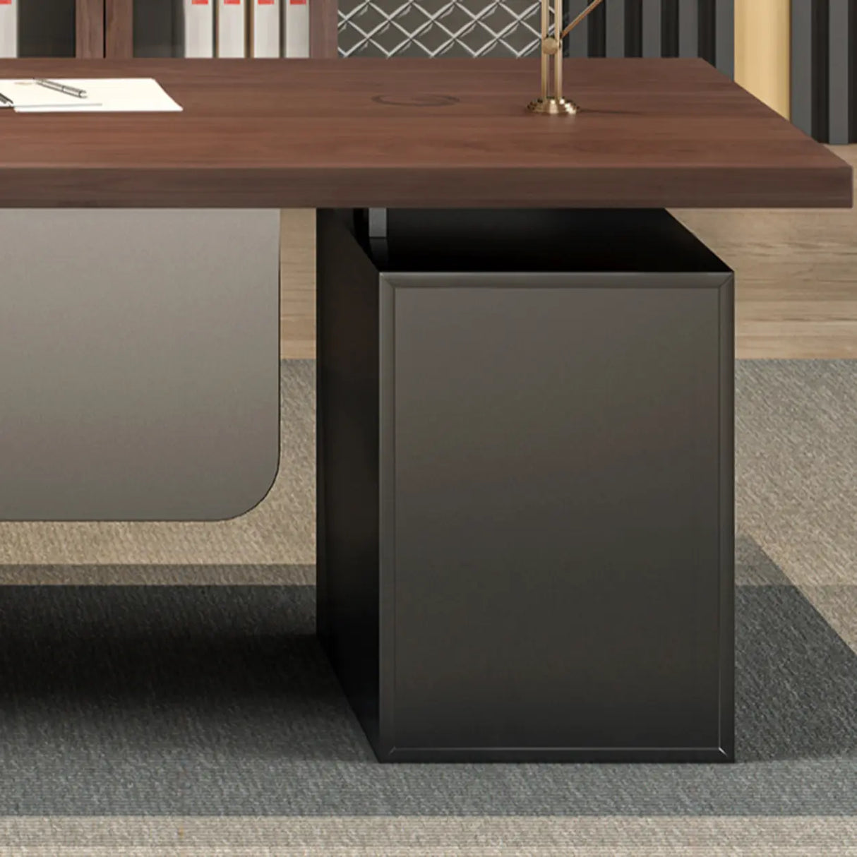 Brown L-Shaped Long Wooden Computer Desk with Storage Image - 16