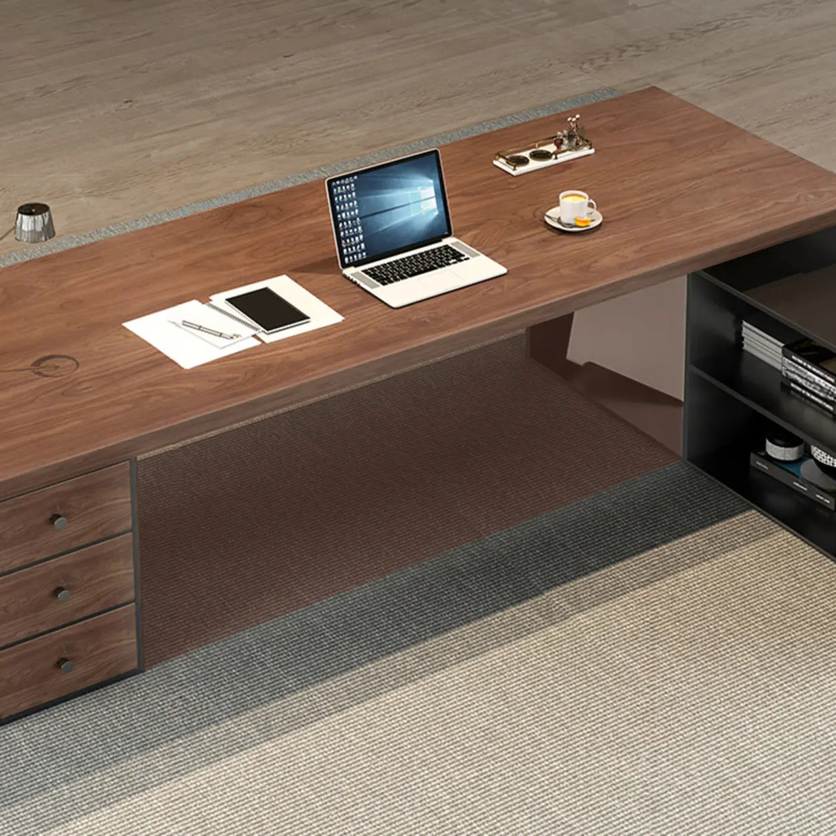 Brown L-Shaped Long Wooden Computer Desk with Storage Image - 17