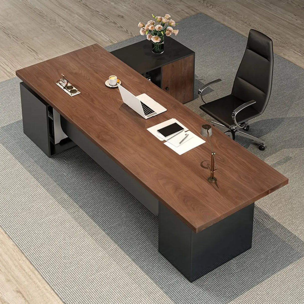 Brown L-Shaped Long Wooden Computer Desk with Storage Image - 1
