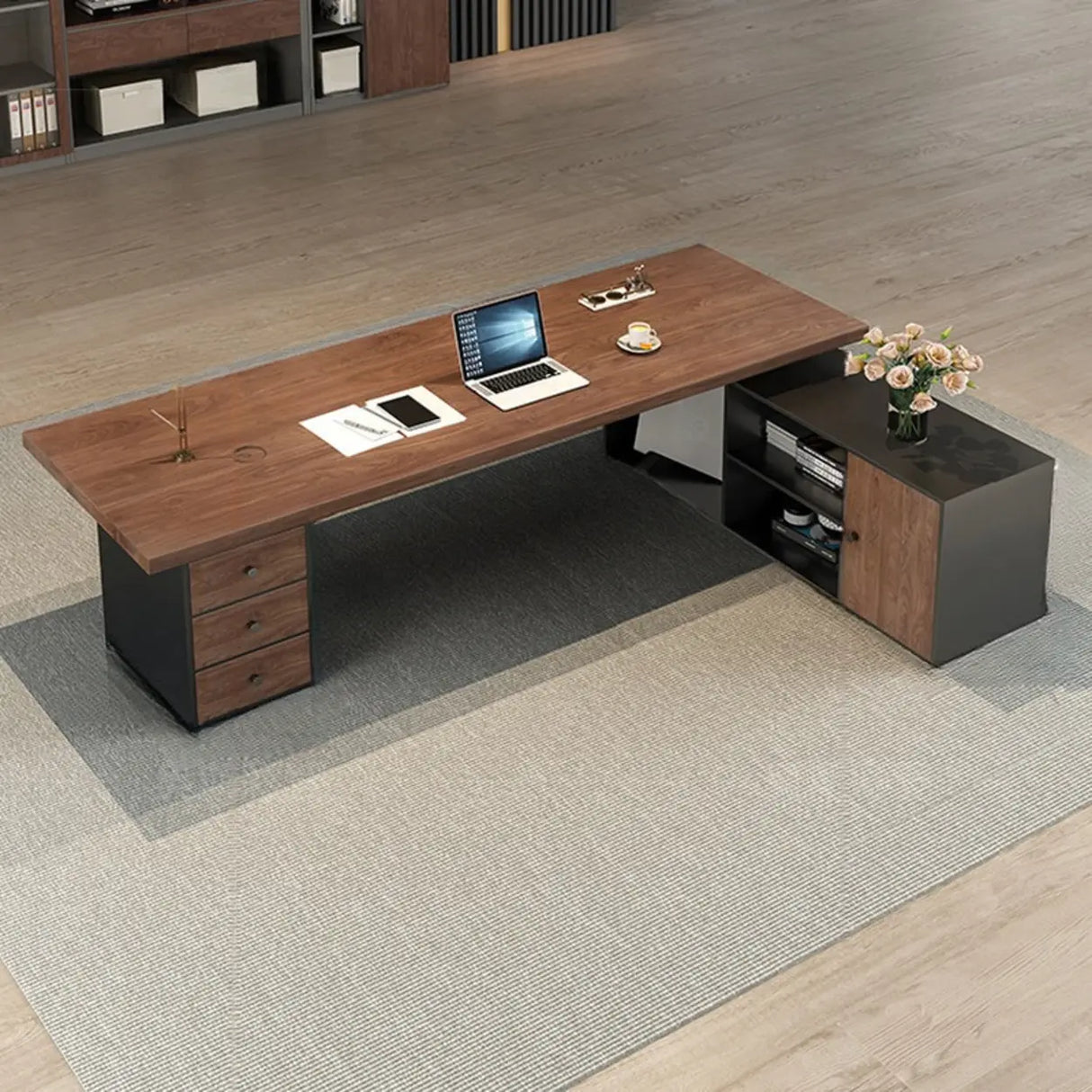 Brown L-Shaped Long Wooden Computer Desk with Storage Image - 3