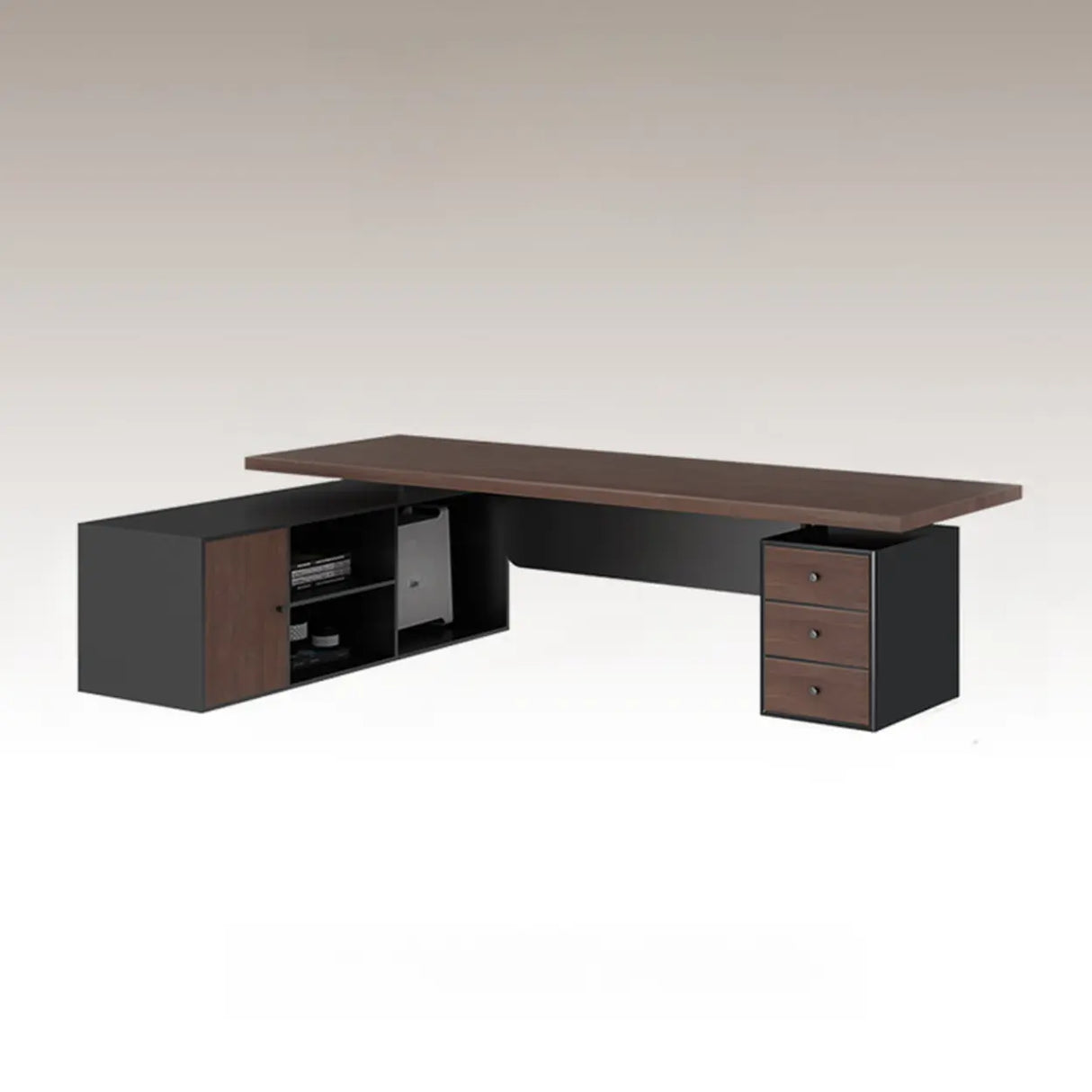 Brown L-Shaped Long Wooden Computer Desk with Storage Image - 4