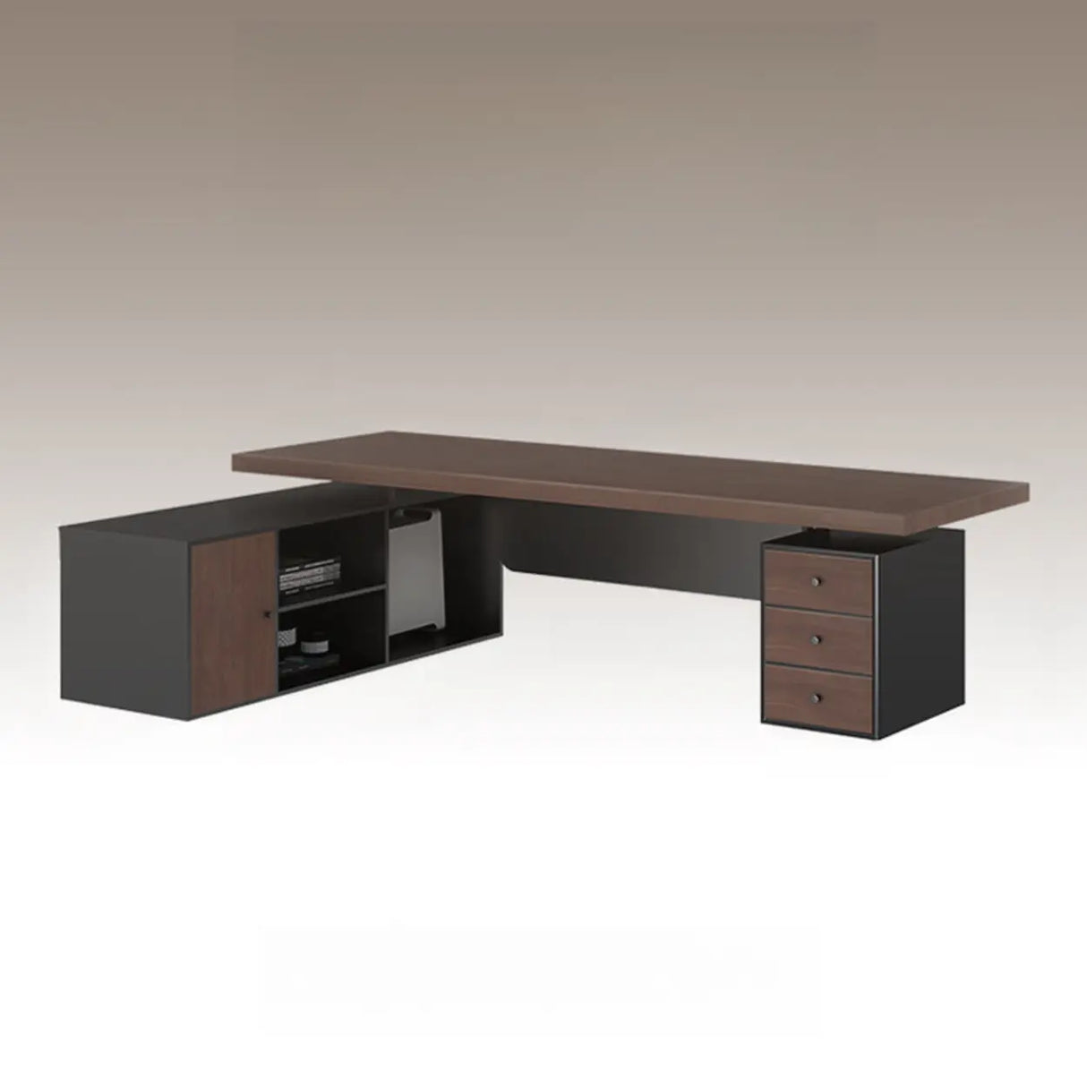 Brown L-Shaped Long Wooden Computer Desk with Storage Image - 7
