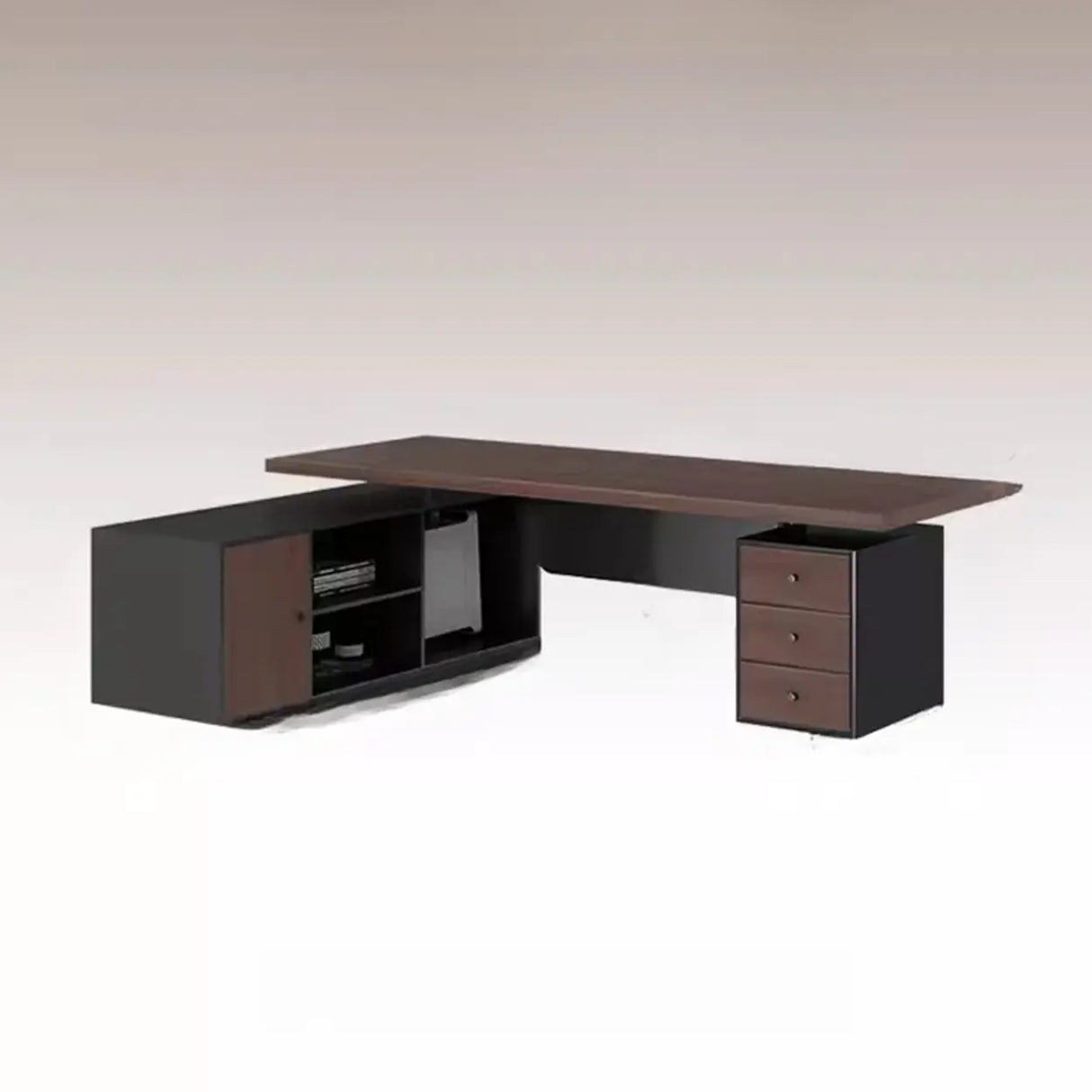 Brown L-Shaped Long Wooden Computer Desk with Storage Image - 9