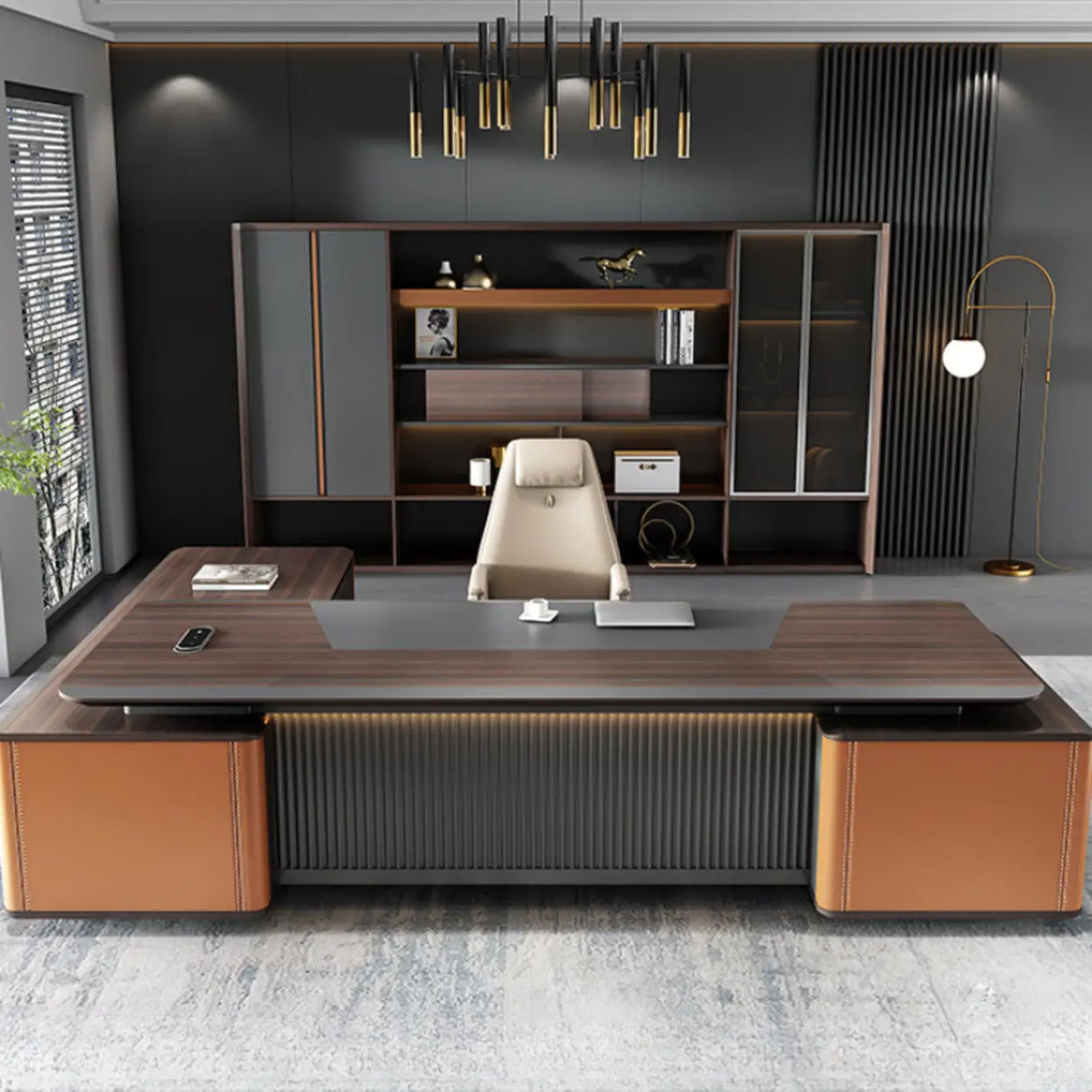 Brown L-Shaped Wooden Desk with Drawers and Shelves Image - 1