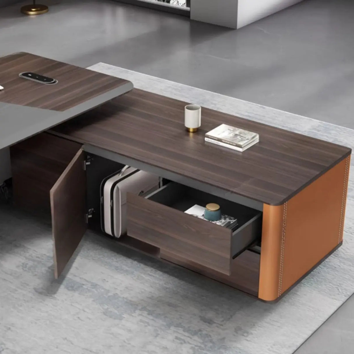 Brown L-Shaped Wooden Desk with Drawers and Shelves Image - 10