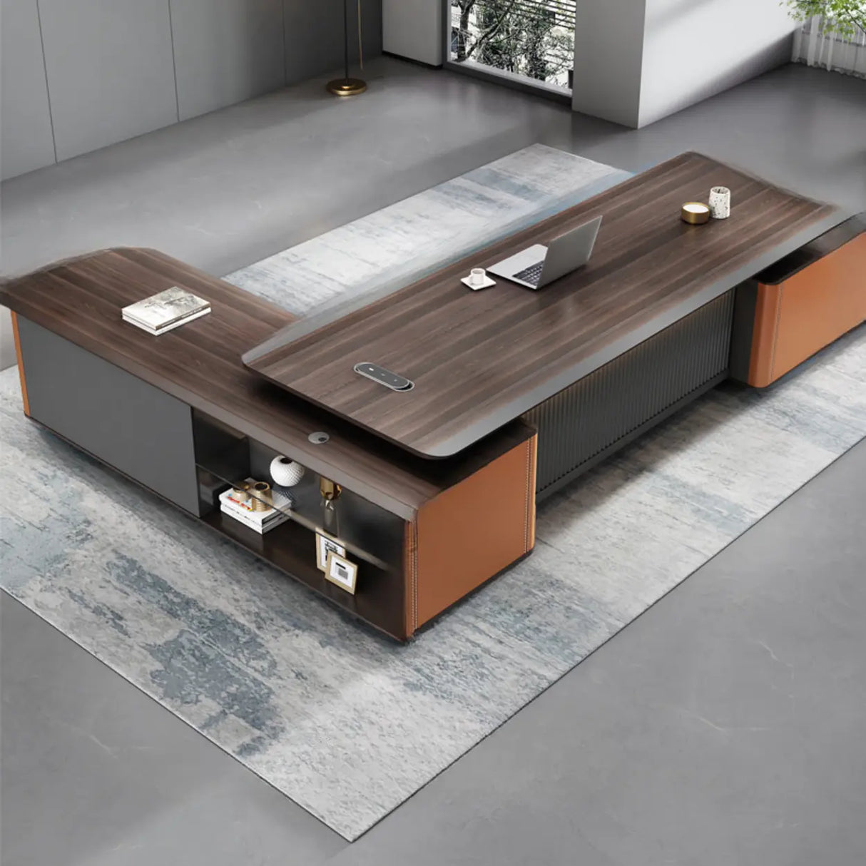 Brown L-Shaped Wooden Desk with Drawers and Shelves Image - 2