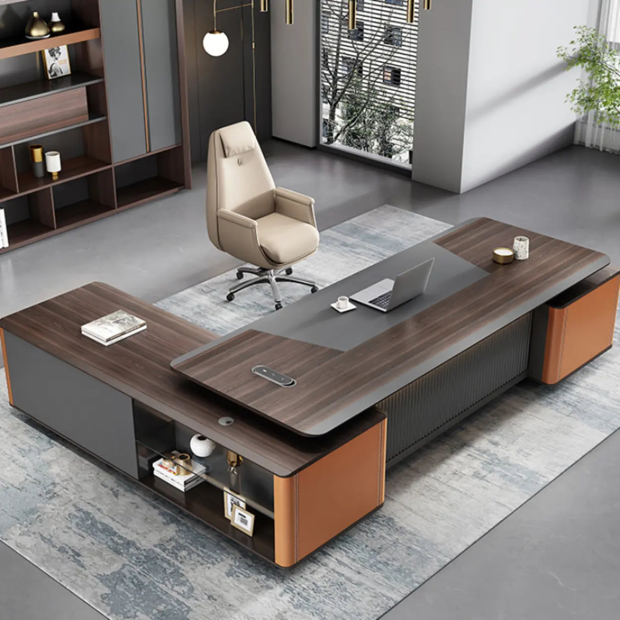 Brown L-Shaped Wooden Desk with Drawers and Shelves Image - 4