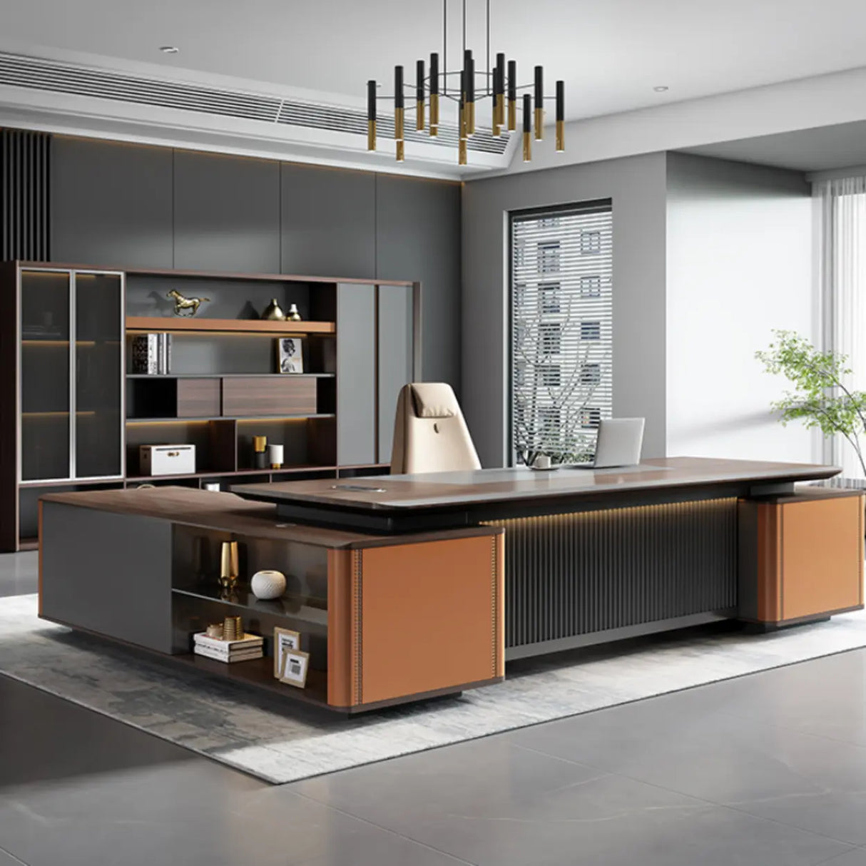 Brown L-Shaped Wooden Desk with Drawers and Shelves Image - 5