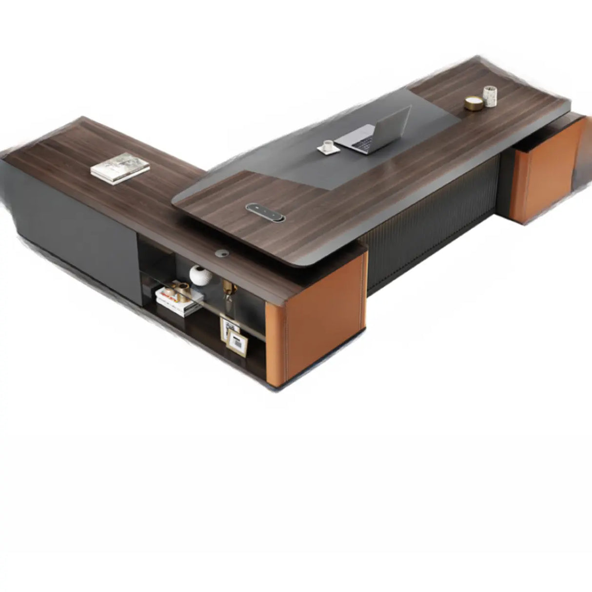 Brown L-Shaped Wooden Desk with Drawers and Shelves Image - 6