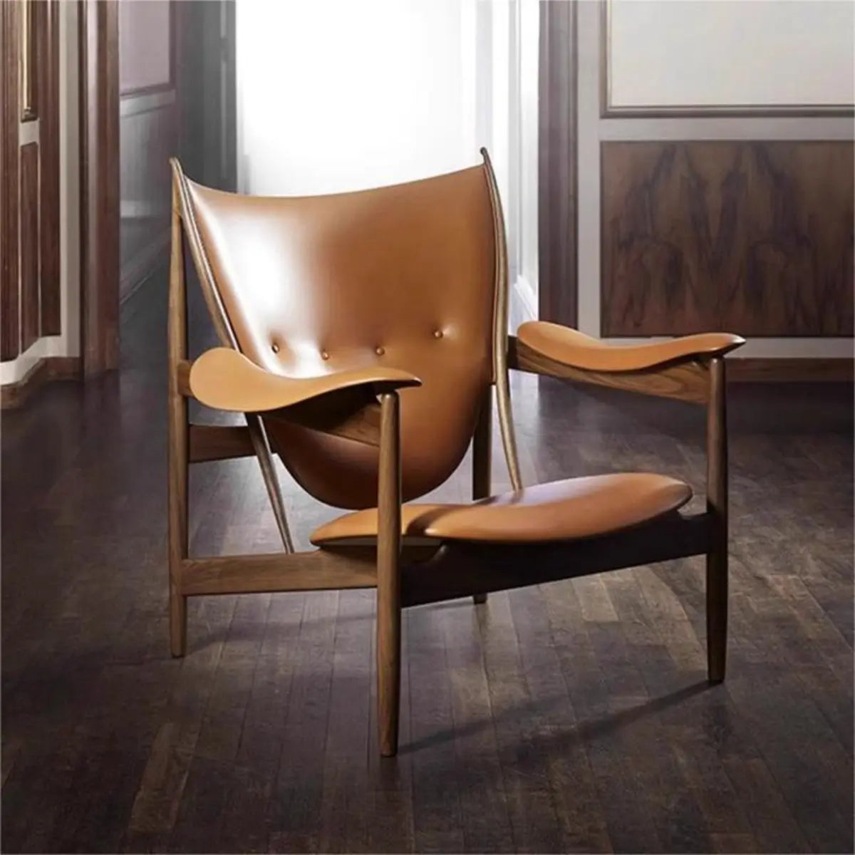 Brown Leather Fixed Back Arm Chair with Four Legs Image - 1