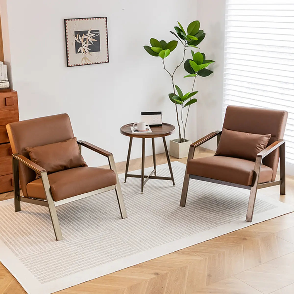 Brown Leather Pillow Back Metal Four Legs Arm Chair Image - 1