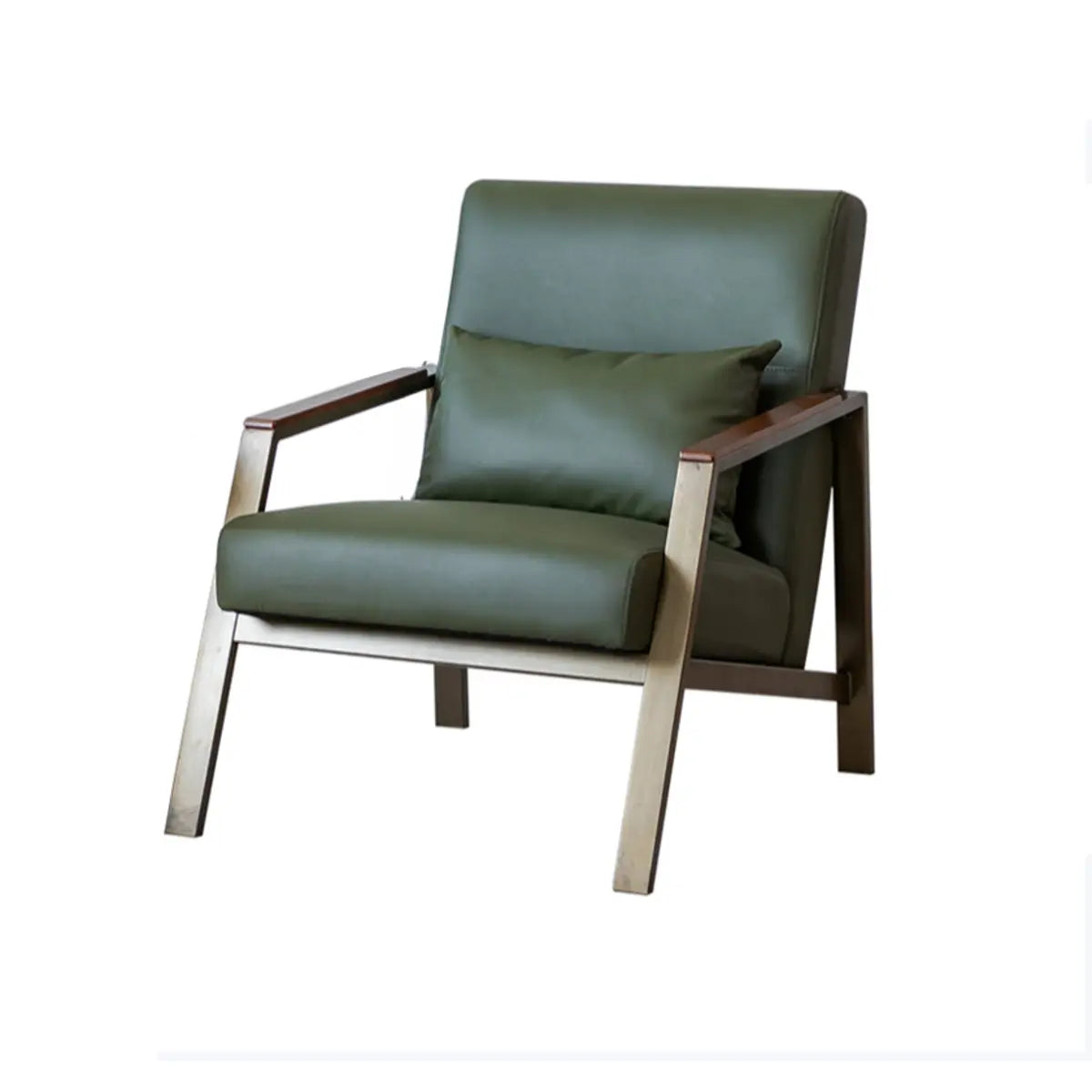 Brown Leather Pillow Back Metal Four Legs Arm Chair Image - 10