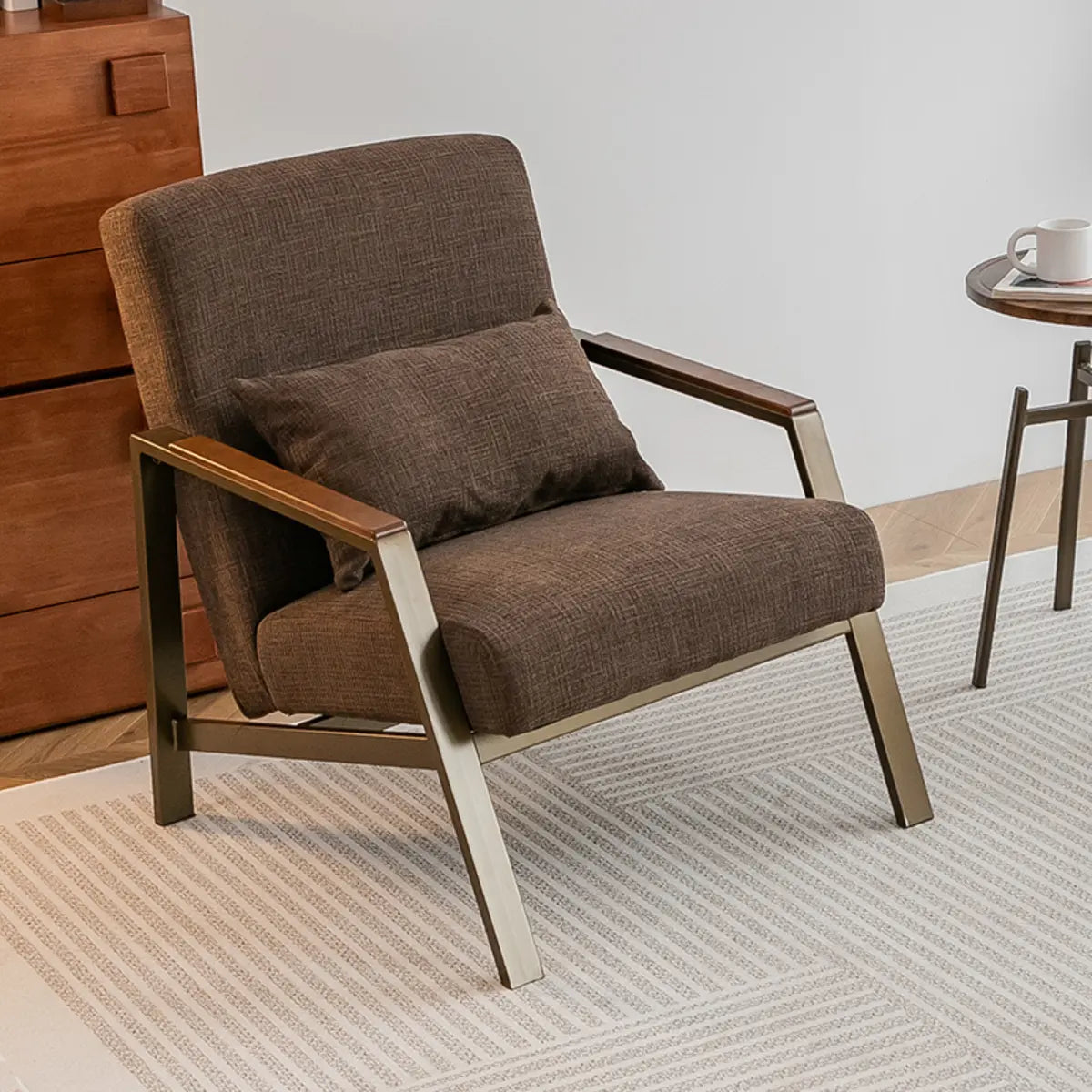 Brown Leather Pillow Back Metal Four Legs Arm Chair Image - 11