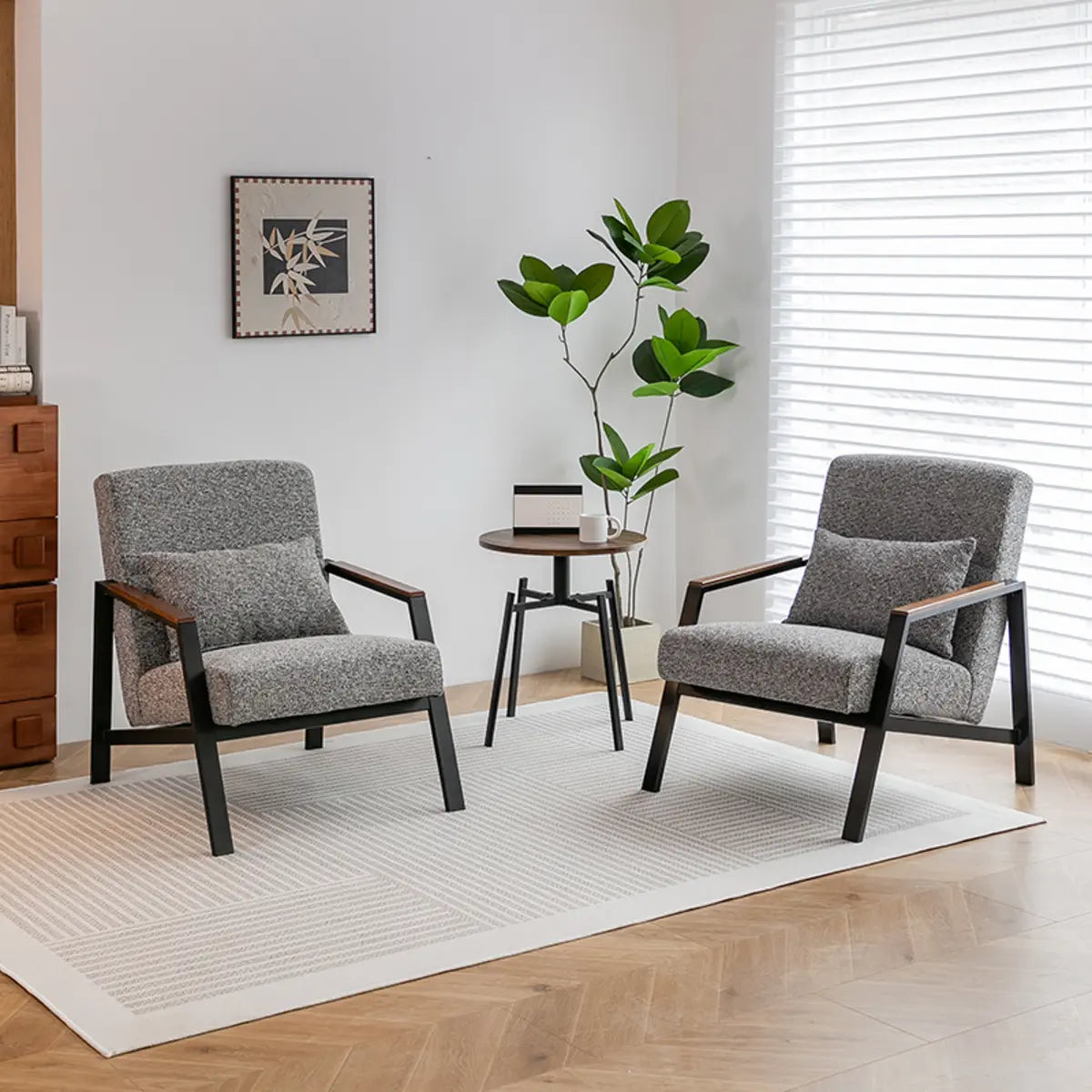 Brown Leather Pillow Back Metal Four Legs Arm Chair Image - 16