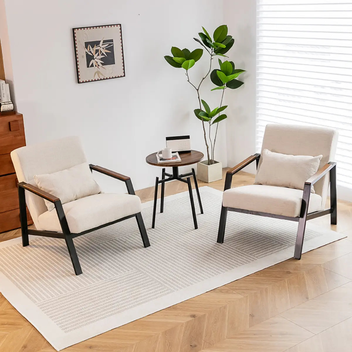 Brown Leather Pillow Back Metal Four Legs Arm Chair Image - 17