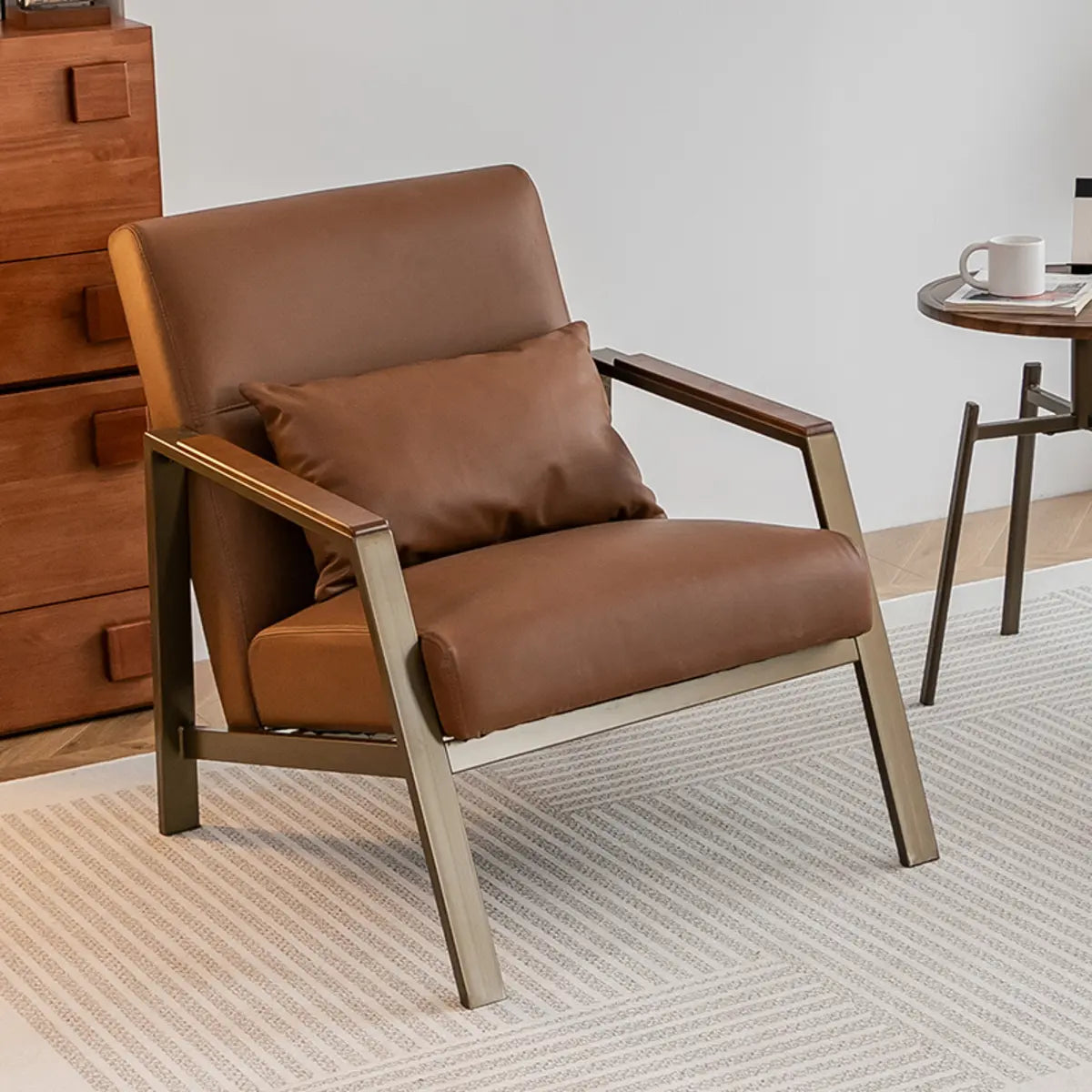 Brown Leather Pillow Back Metal Four Legs Arm Chair Image - 2