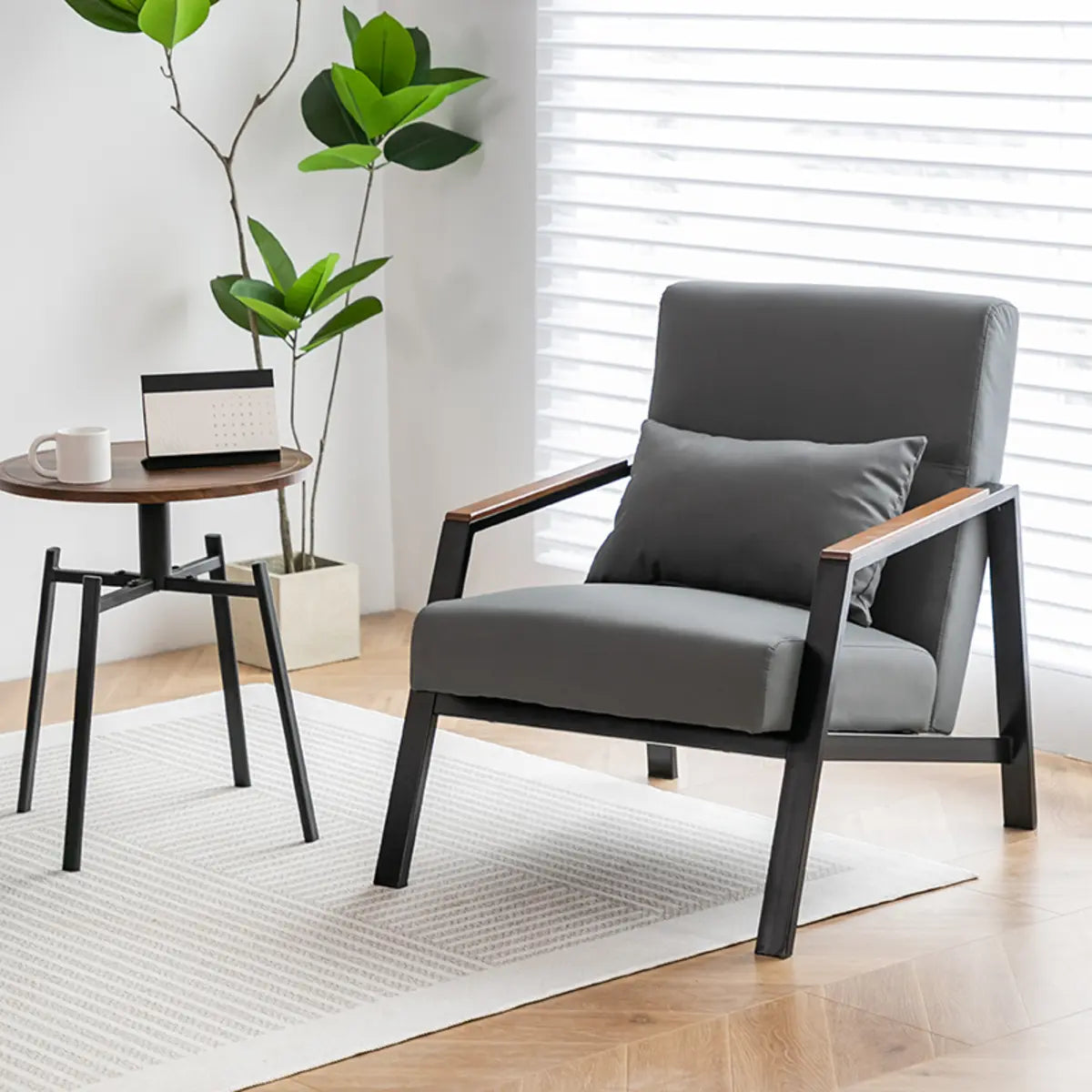 Brown Leather Pillow Back Metal Four Legs Arm Chair Image - 3