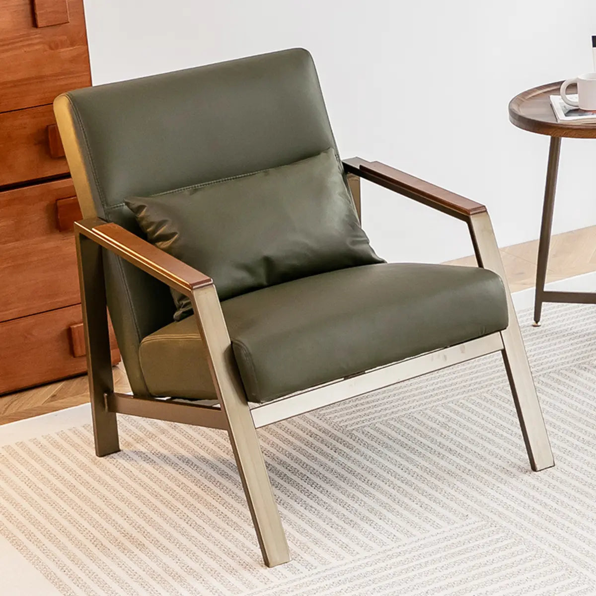 Brown Leather Pillow Back Metal Four Legs Arm Chair Image - 4