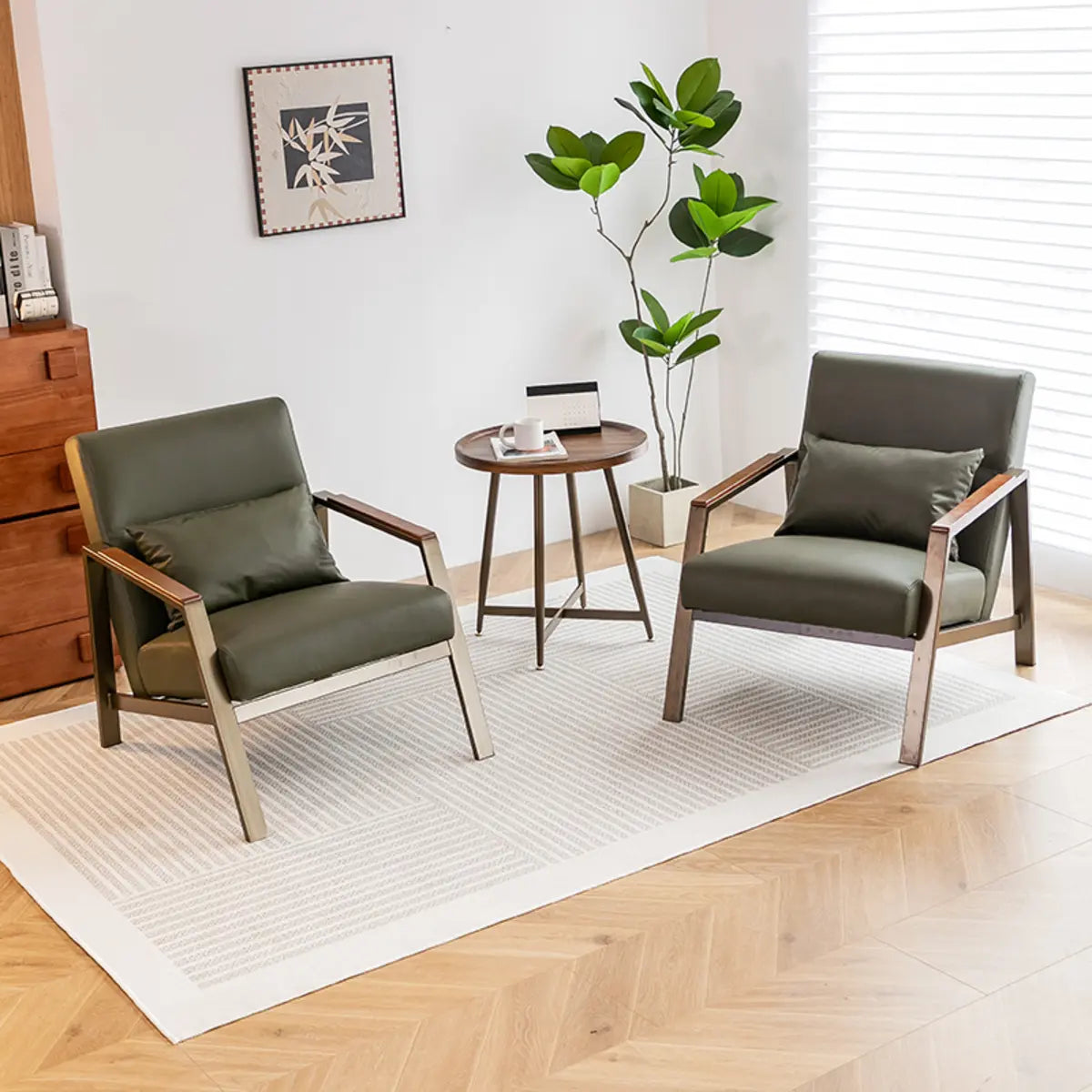 Brown Leather Pillow Back Metal Four Legs Arm Chair Image - 5