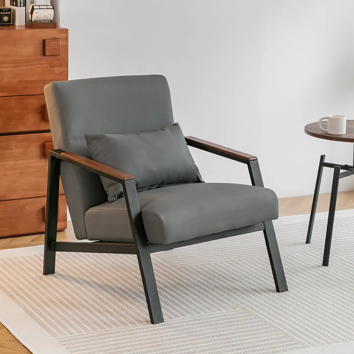 Brown Leather Pillow Back Metal Four Legs Arm Chair Image - 6