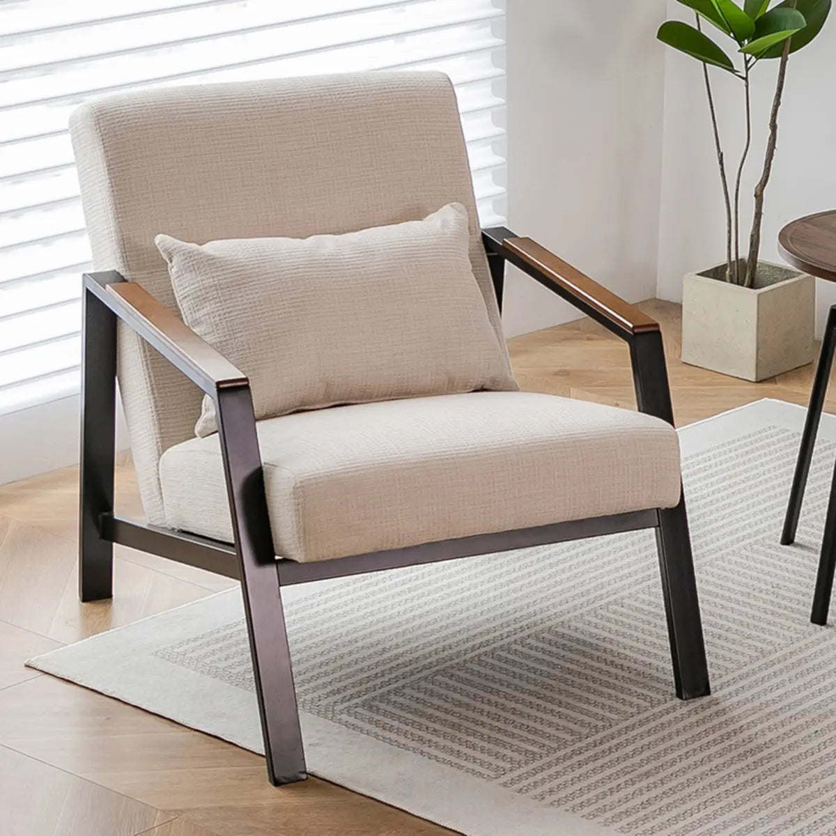 Brown Leather Pillow Back Metal Four Legs Arm Chair Image - 7