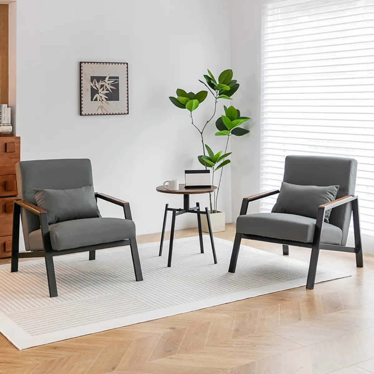 Brown Leather Pillow Back Metal Four Legs Arm Chair Image - 8