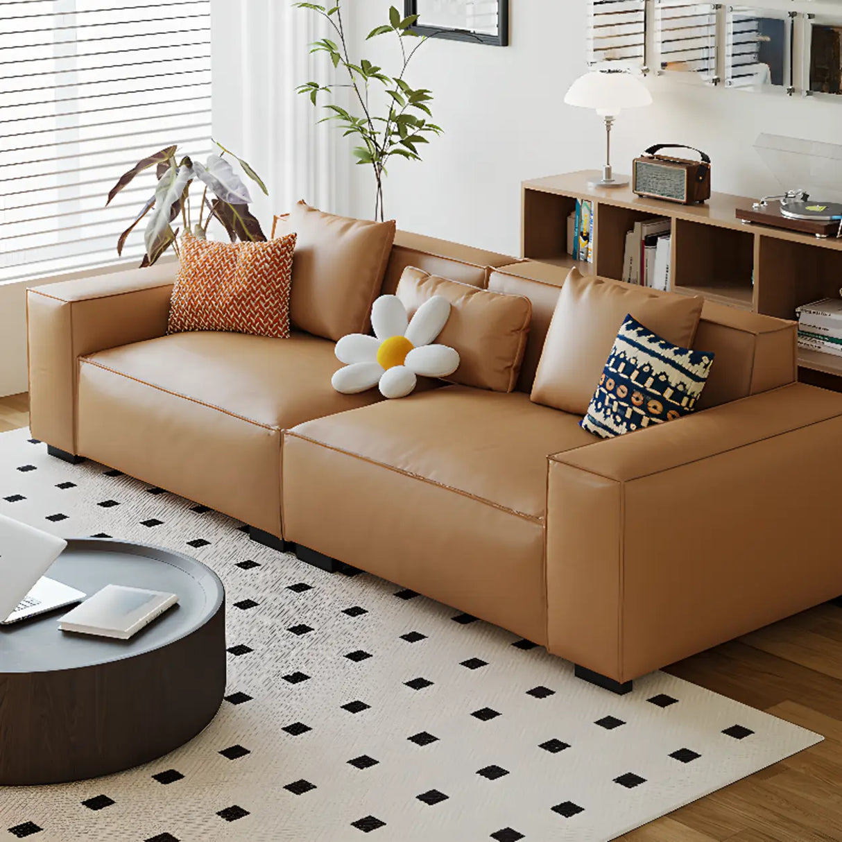 Brown Leather Square Arm Cushion Back Latex Fill Sofa Image - 1