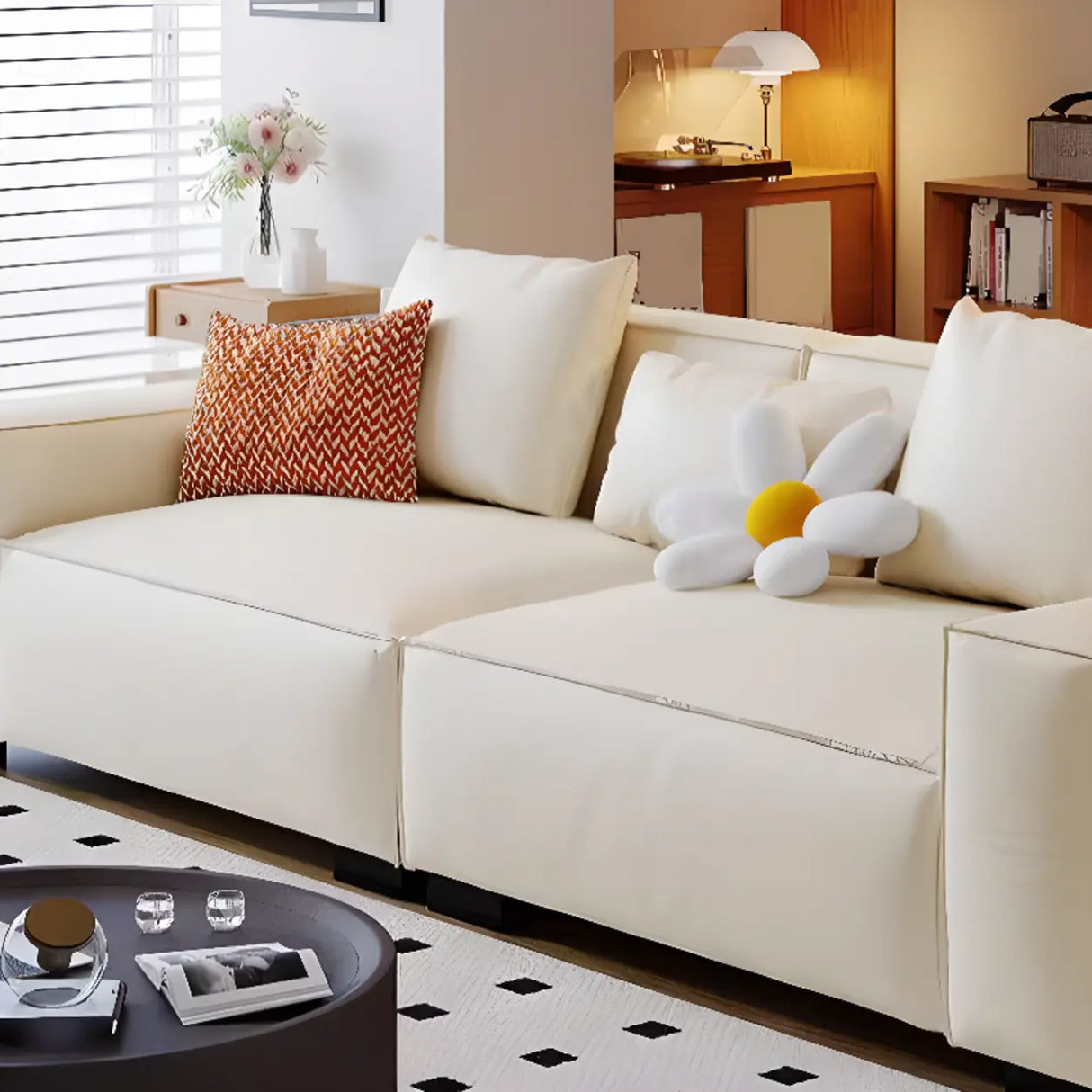 Brown Leather Square Arm Cushion Back Latex Fill Sofa Image - 11