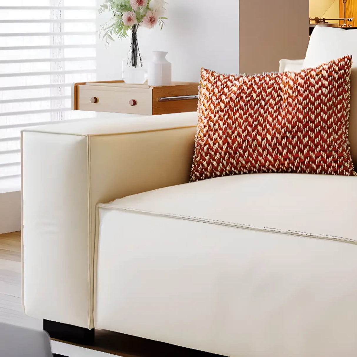 Brown Leather Square Arm Cushion Back Latex Fill Sofa Image - 14