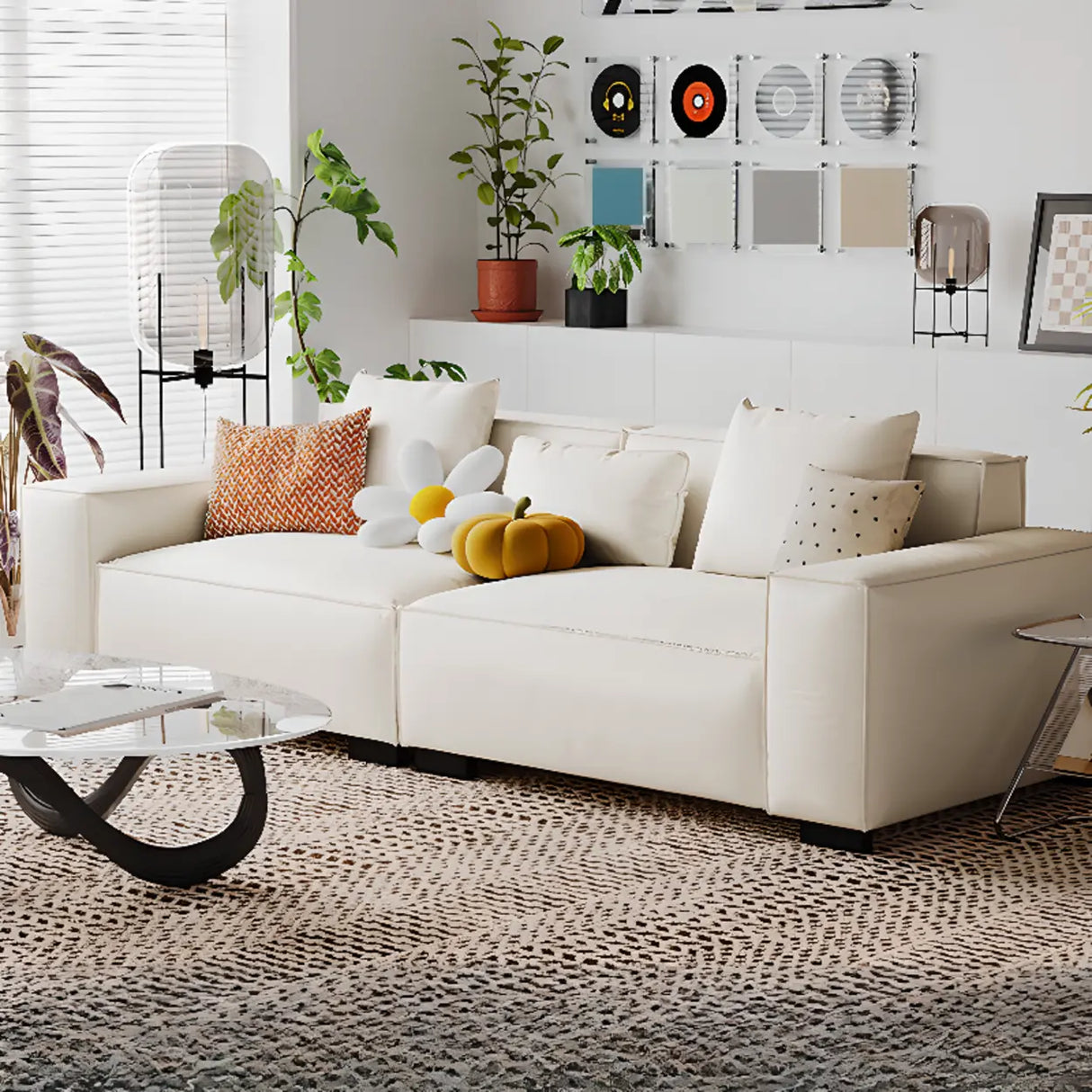 Brown Leather Square Arm Cushion Back Latex Fill Sofa Image - 2