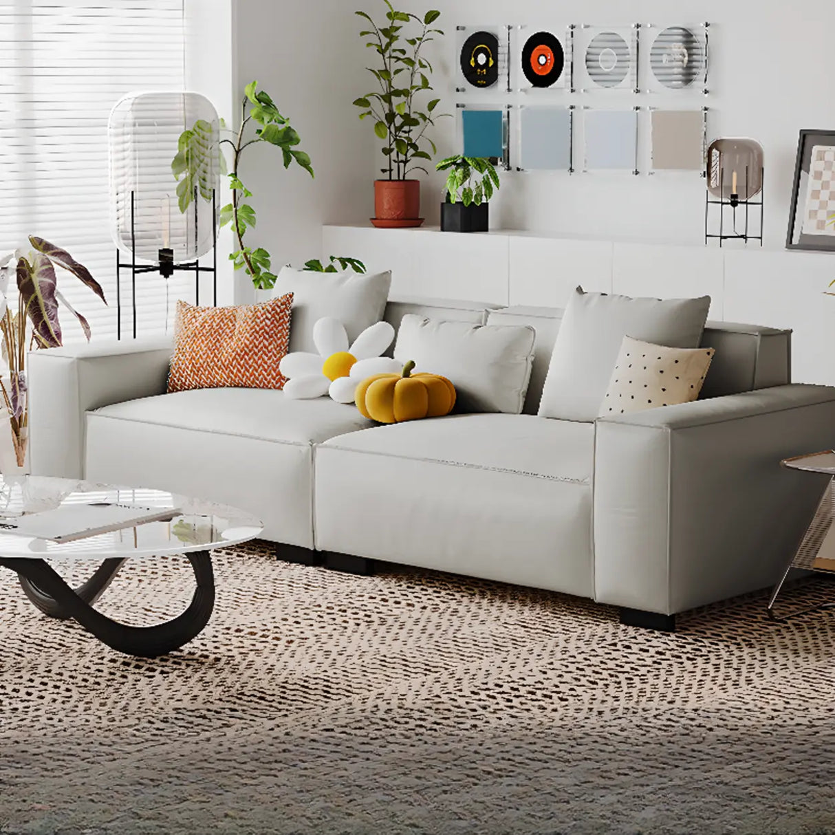 Brown Leather Square Arm Cushion Back Latex Fill Sofa Image - 3