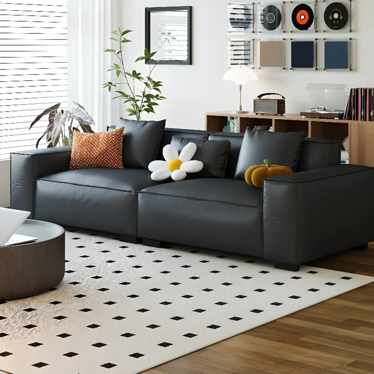 Brown Leather Square Arm Cushion Back Latex Fill Sofa Image - 4