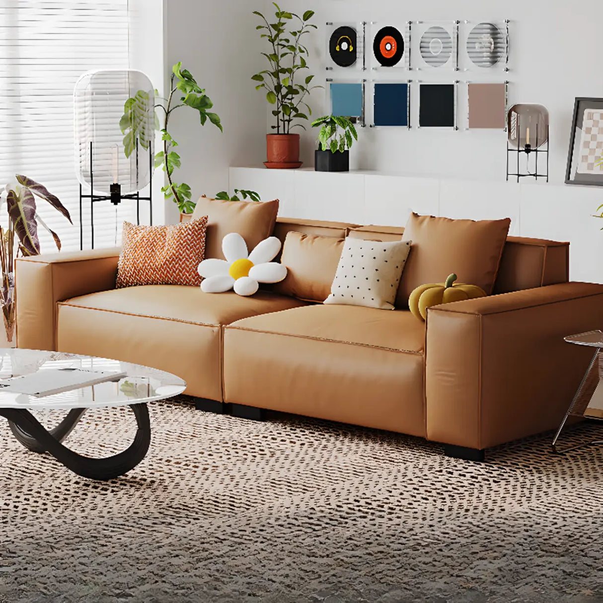 Brown Leather Square Arm Cushion Back Latex Fill Sofa Image - 5