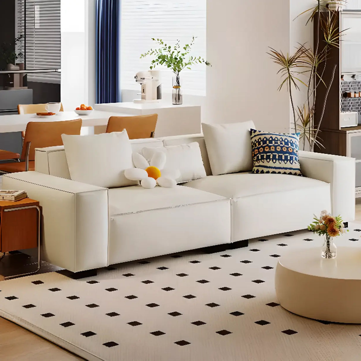 Brown Leather Square Arm Cushion Back Latex Fill Sofa Image - 6