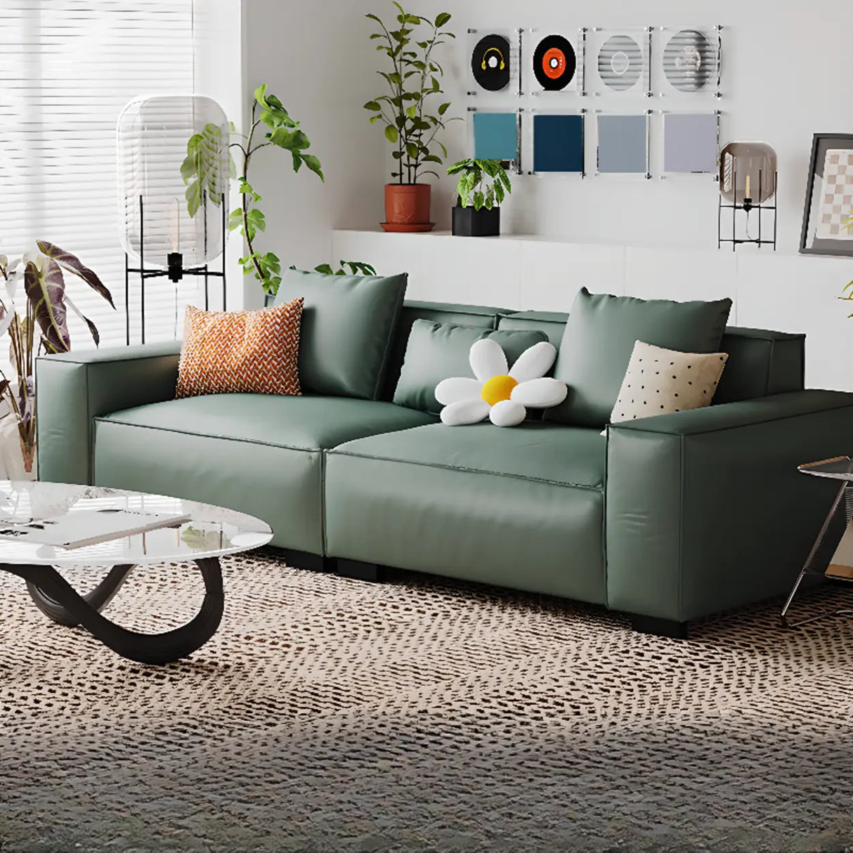 Brown Leather Square Arm Cushion Back Latex Fill Sofa Image - 7