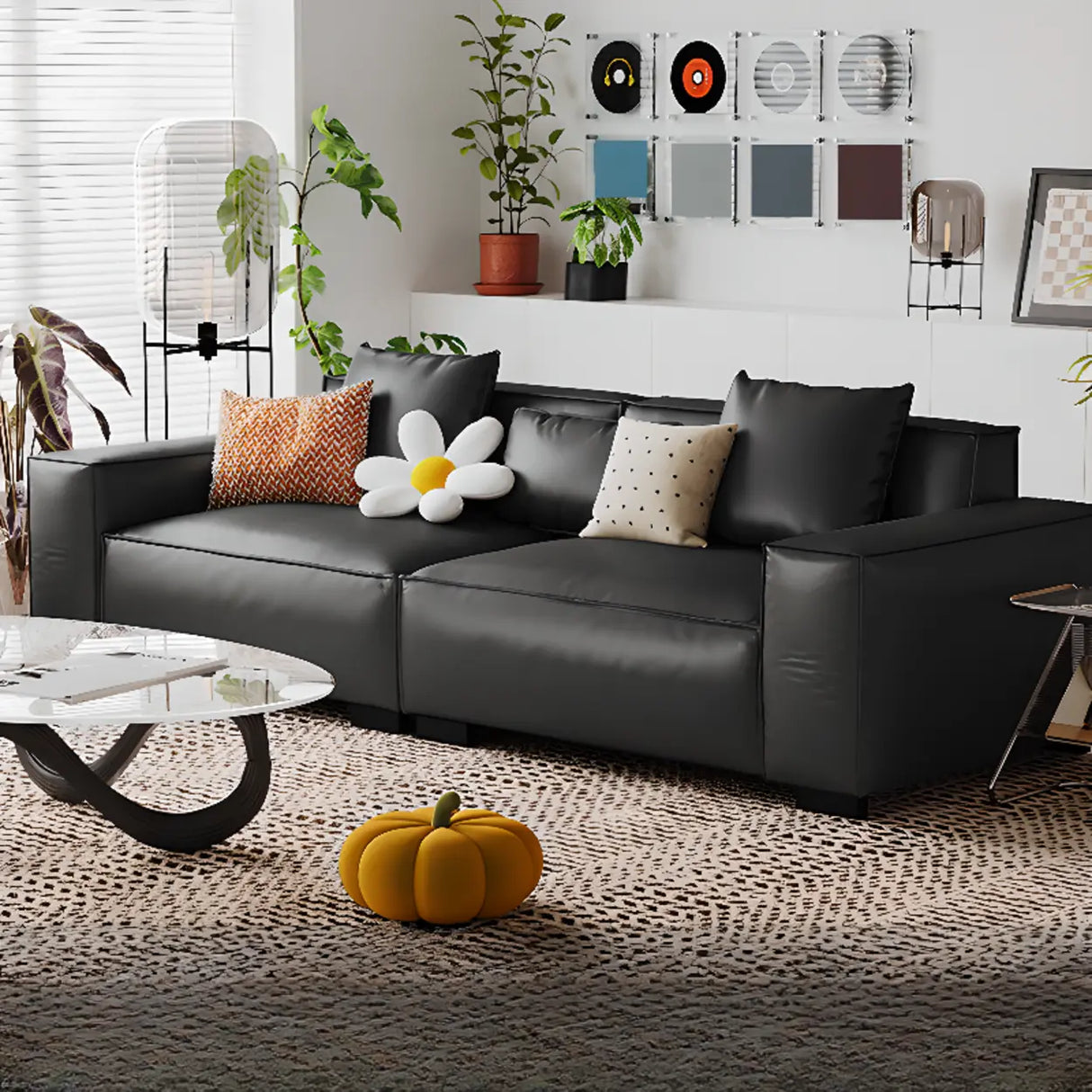 Brown Leather Square Arm Cushion Back Latex Fill Sofa Image - 9