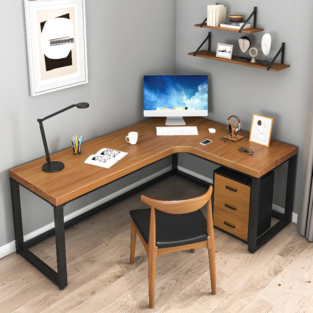 Brown Long Deep Butcher Block L-Shape Sled Writing Desk Image - 4