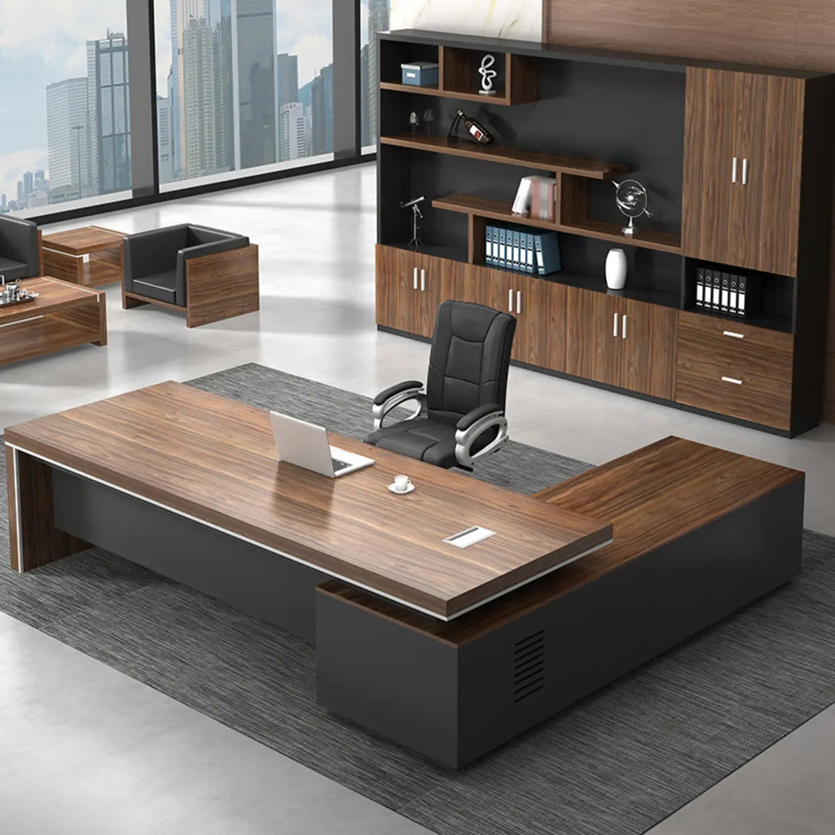 Brown Long Length Wood L-Shaped Executive Desk Image - 1