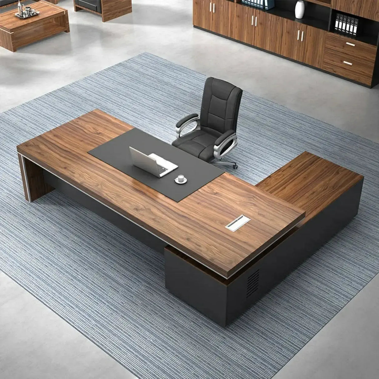 Brown Long Length Wood L-Shaped Executive Desk Image - 2