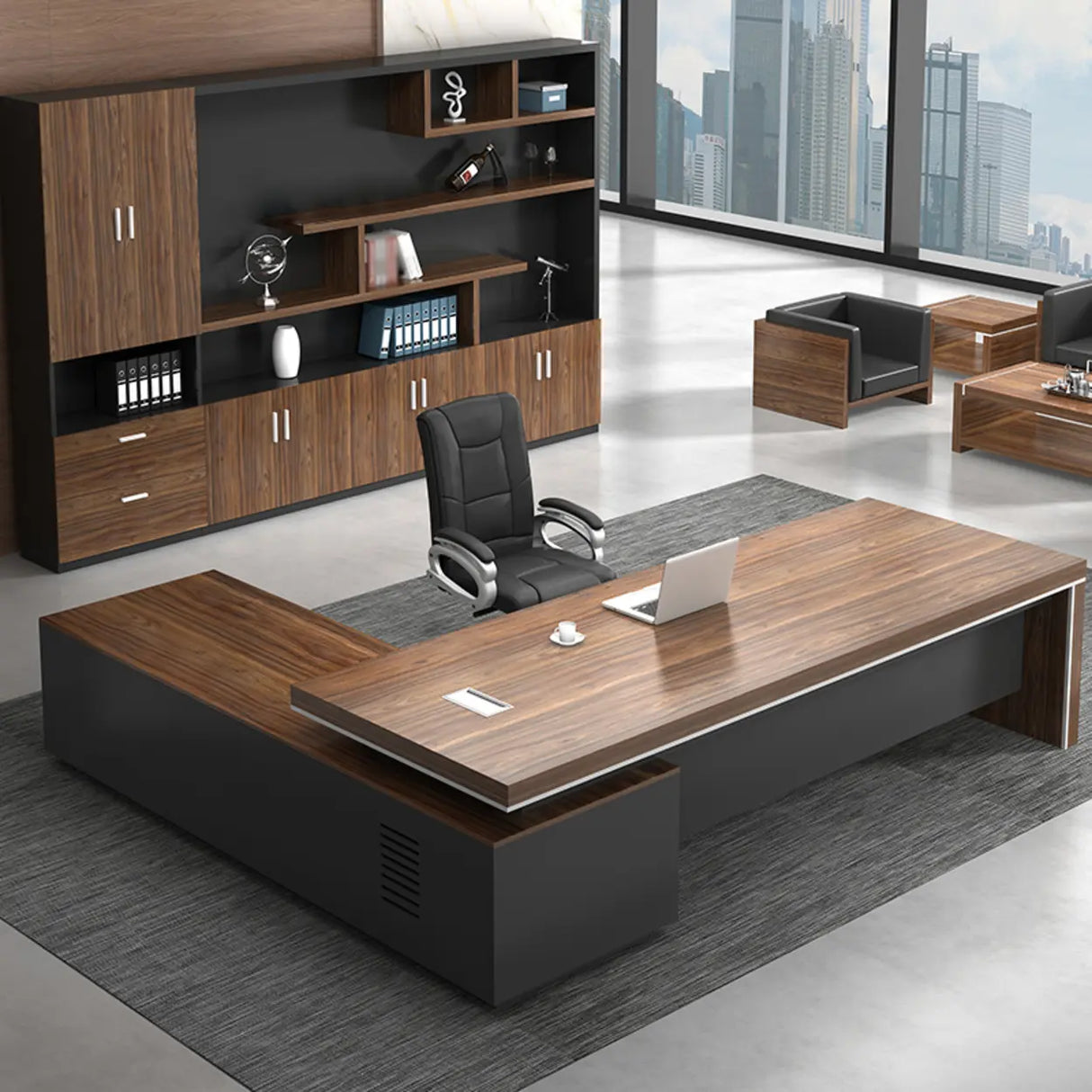 Brown Long Length Wood L-Shaped Executive Desk Image - 4