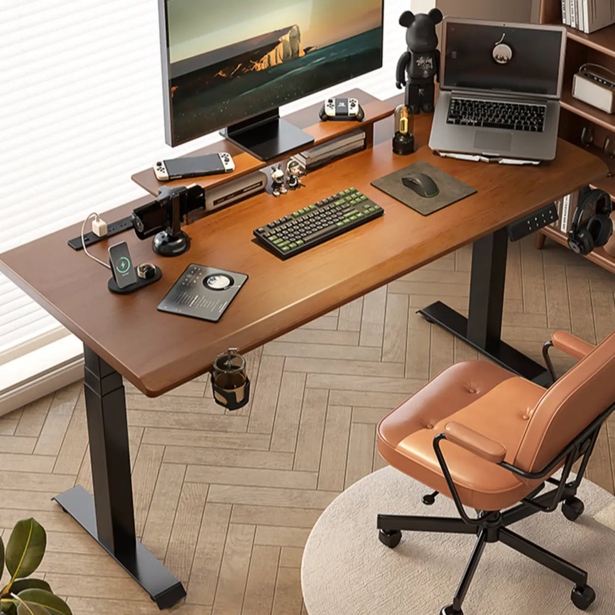 Brown Long Standard Ergonomic Walnut Computer Desk Image - 1